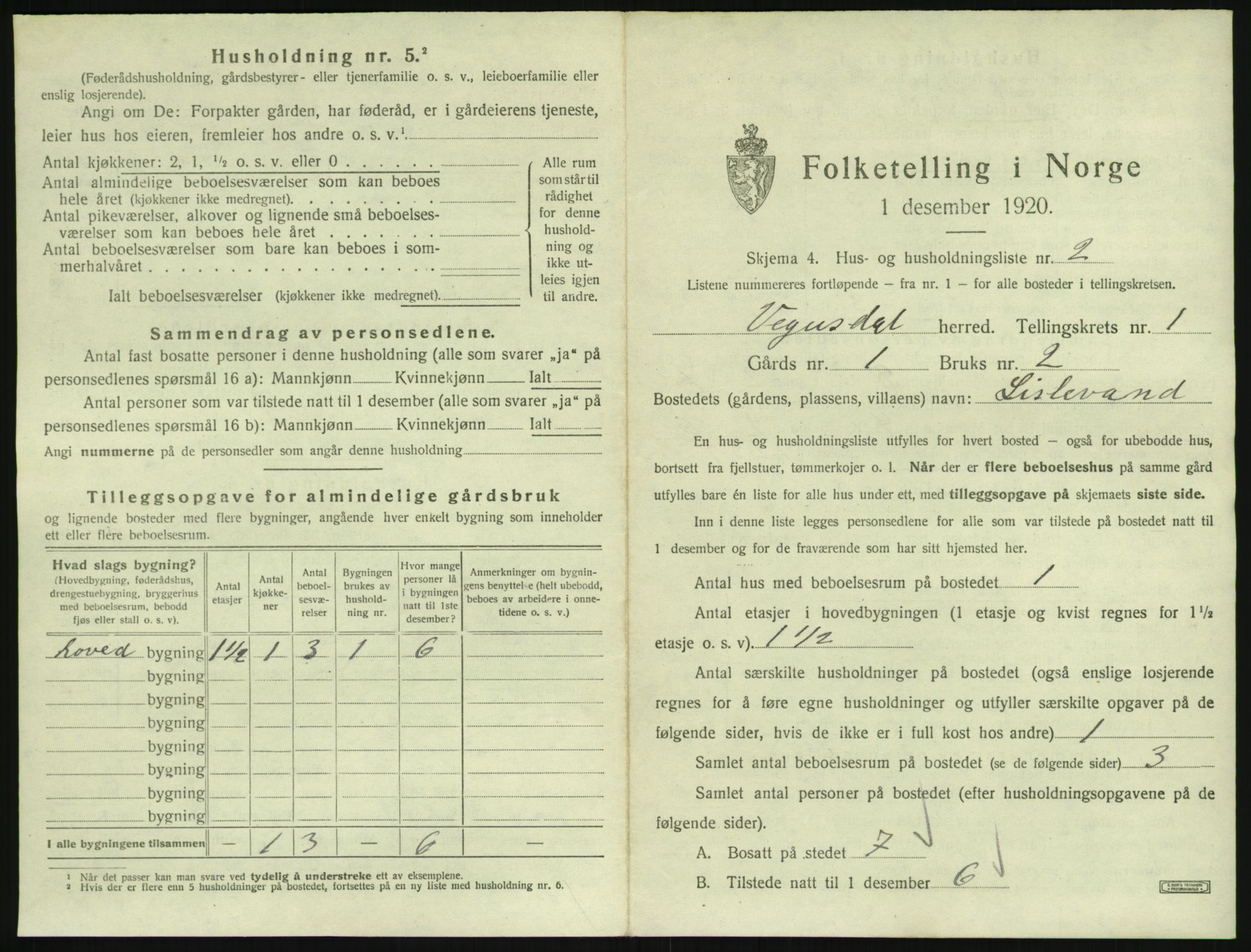 SAK, 1920 census for Vegusdal, 1920, p. 47