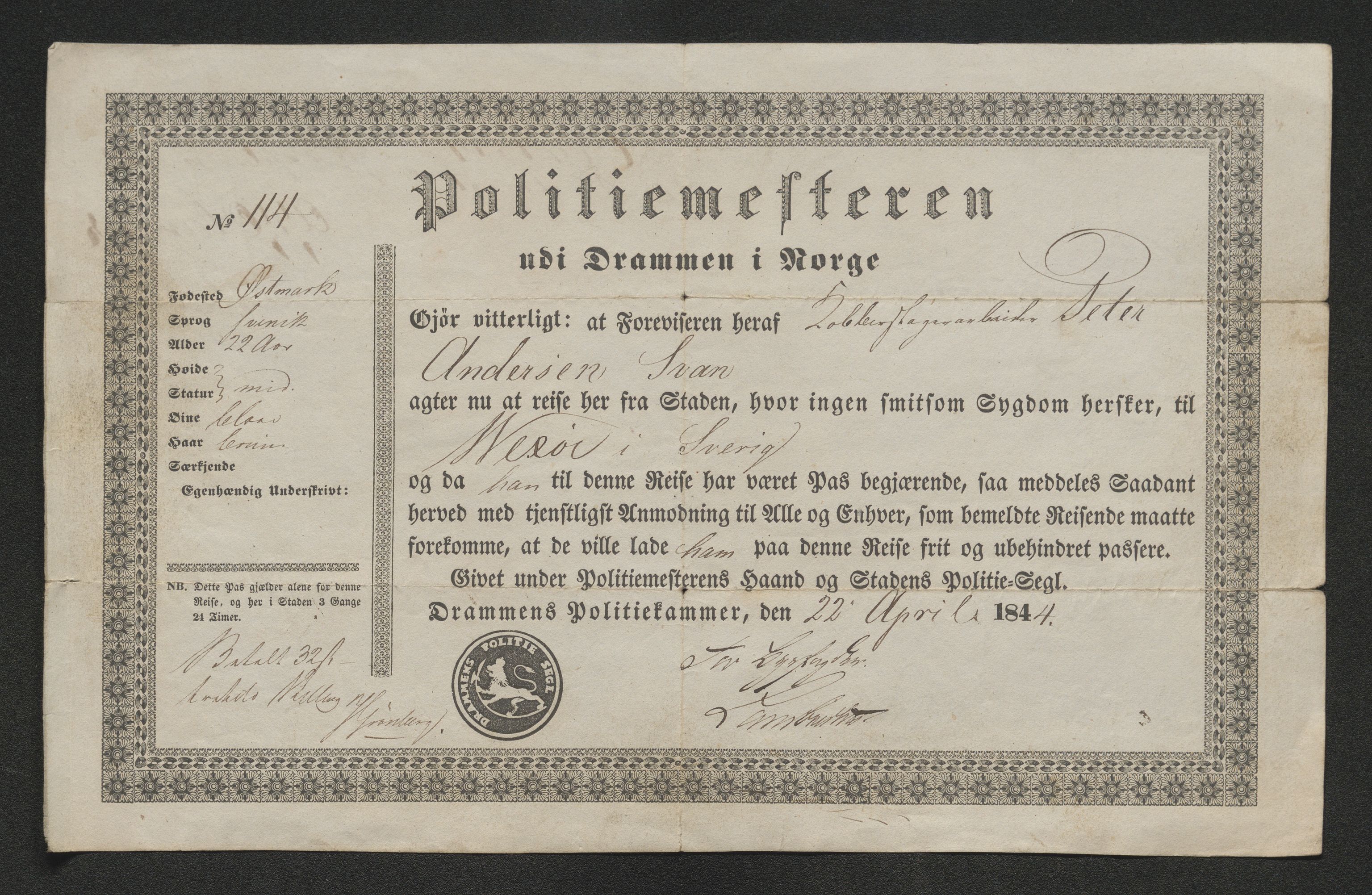 Drammen politikammer, AV/SAKO-A-623/I/Ia/Iab/L0007: Innleverte pass, 1843-1844, p. 647