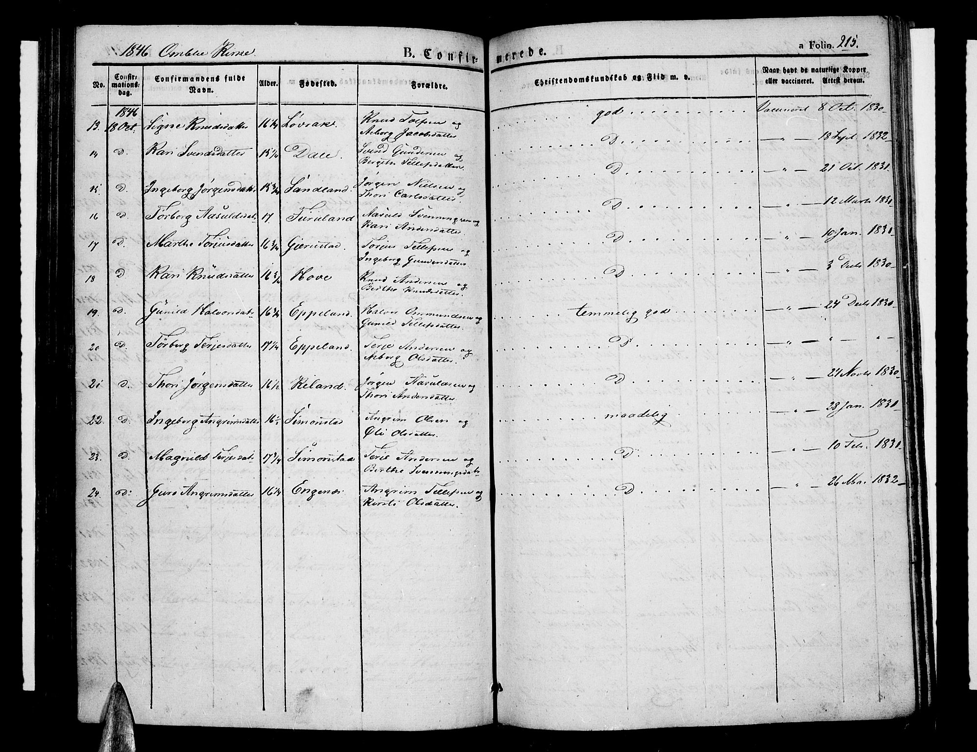 Åmli sokneprestkontor, AV/SAK-1111-0050/F/Fa/Fac/L0007: Parish register (official) no. A 7 /1, 1829-1851, p. 215