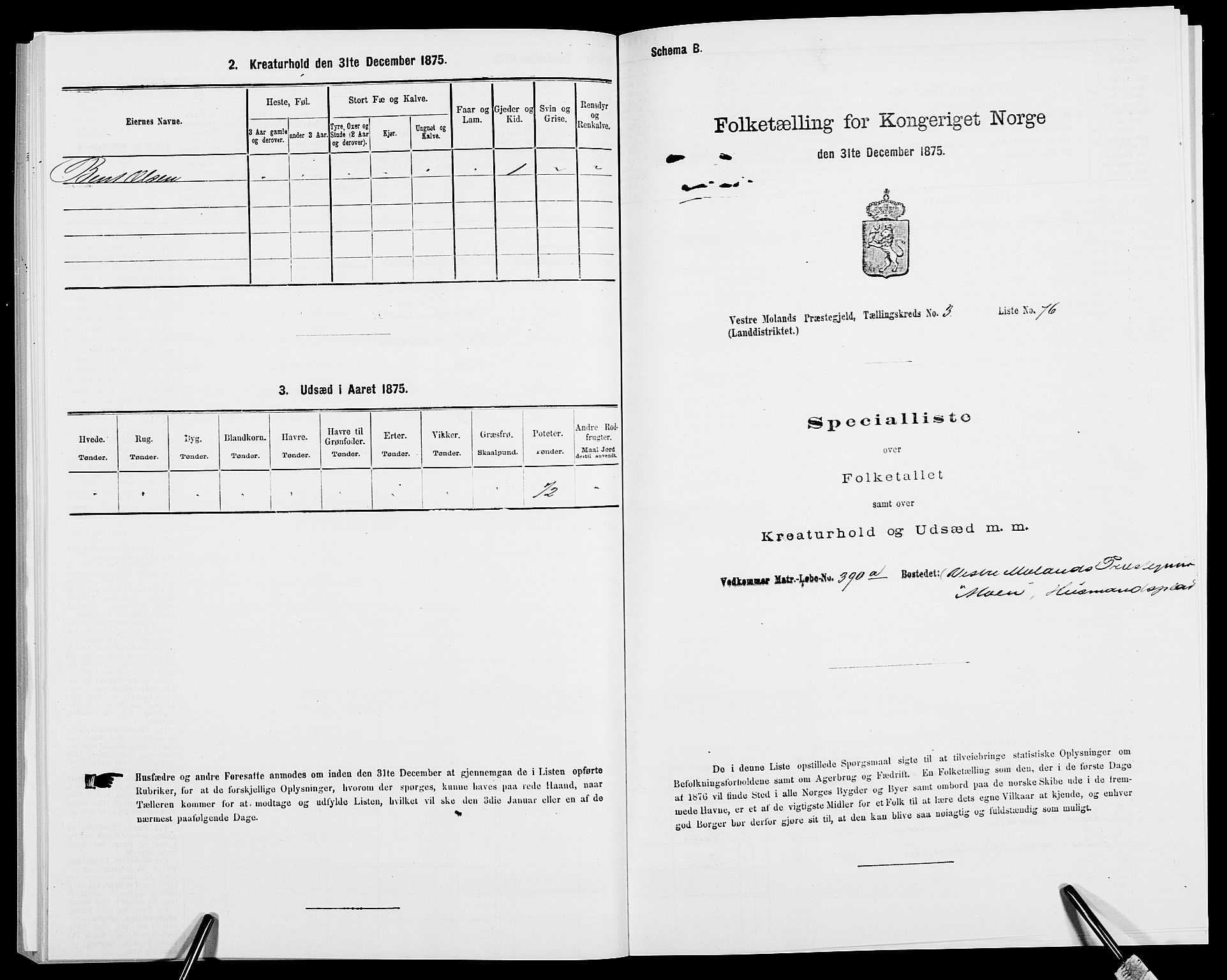 SAK, 1875 census for 0926L Vestre Moland/Vestre Moland, 1875, p. 547