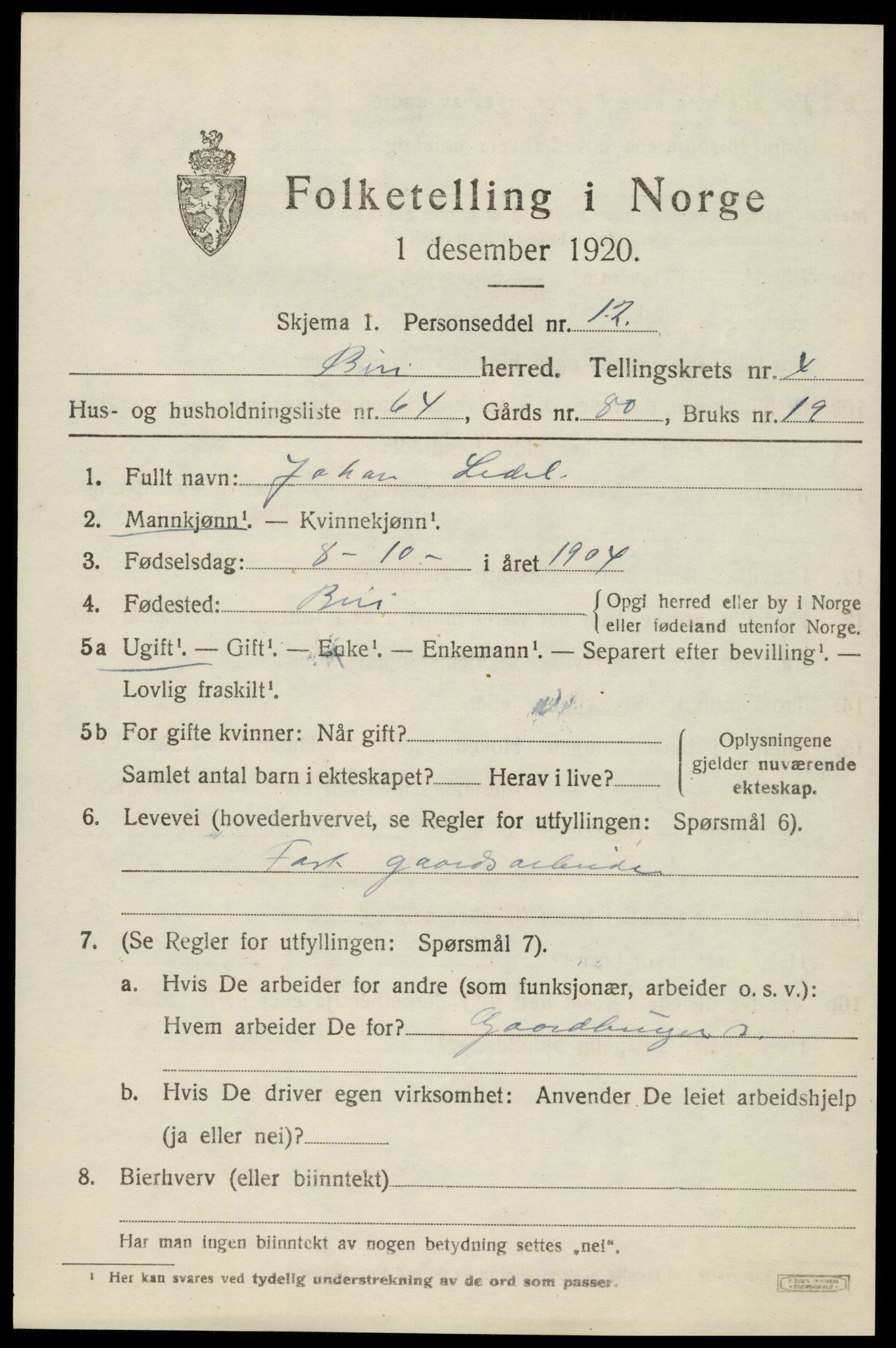 SAH, 1920 census for Biri, 1920, p. 3805