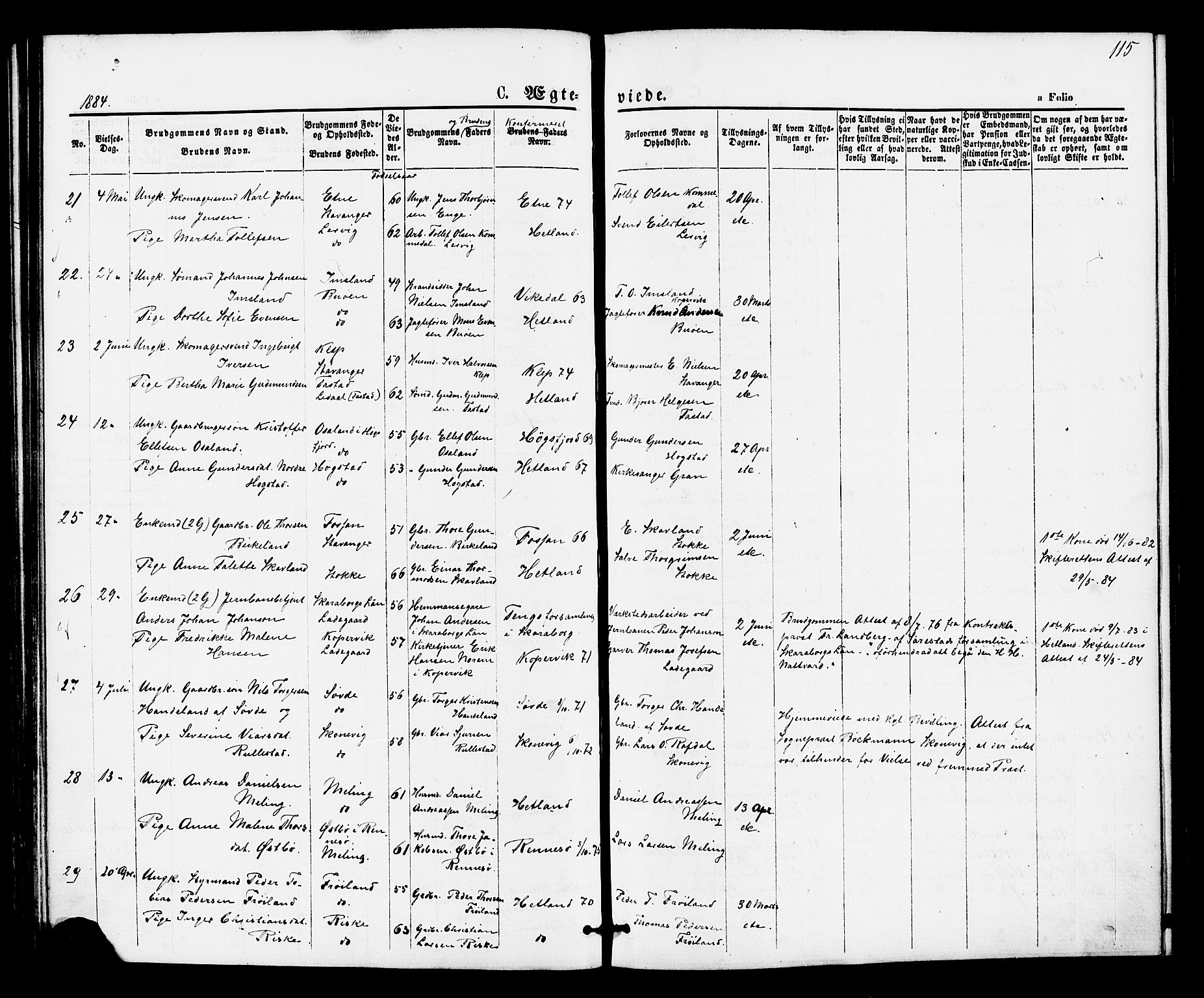 Hetland sokneprestkontor, AV/SAST-A-101826/30/30BA/L0005: Parish register (official) no. A 5, 1869-1884, p. 115