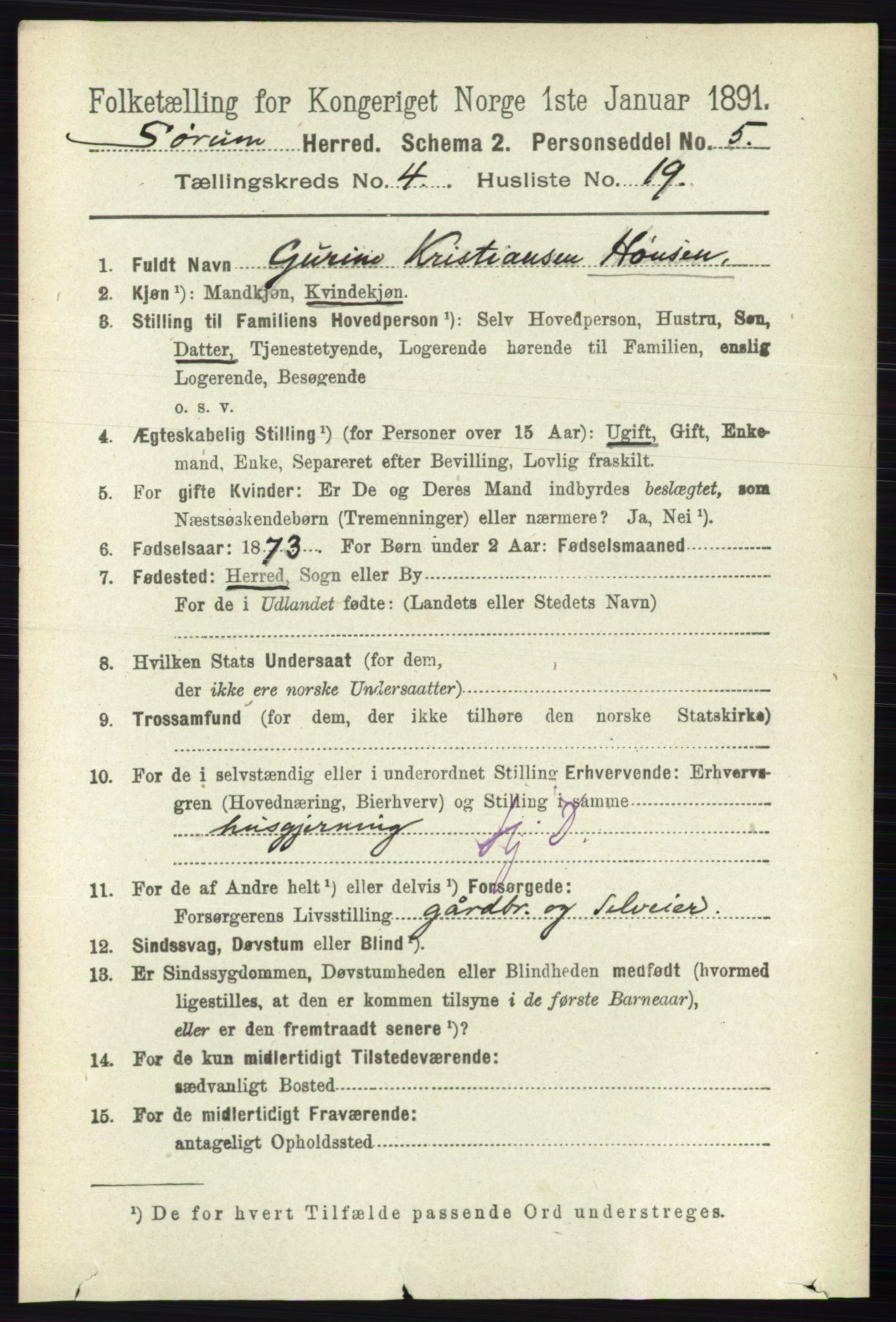 RA, 1891 census for 0226 Sørum, 1891, p. 1999