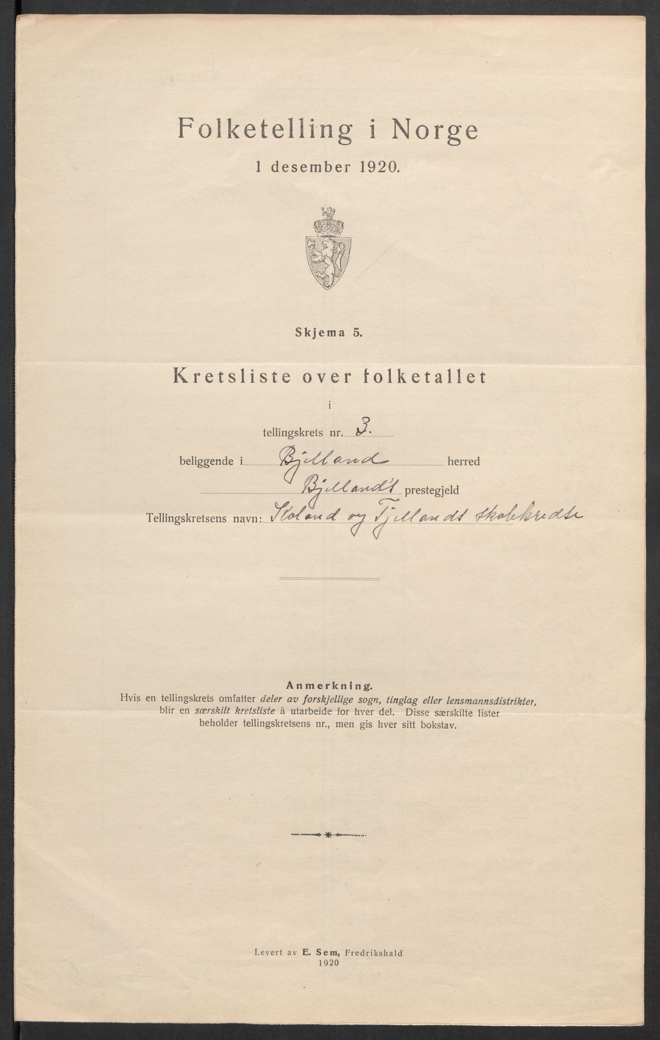 SAK, 1920 census for Bjelland, 1920, p. 20