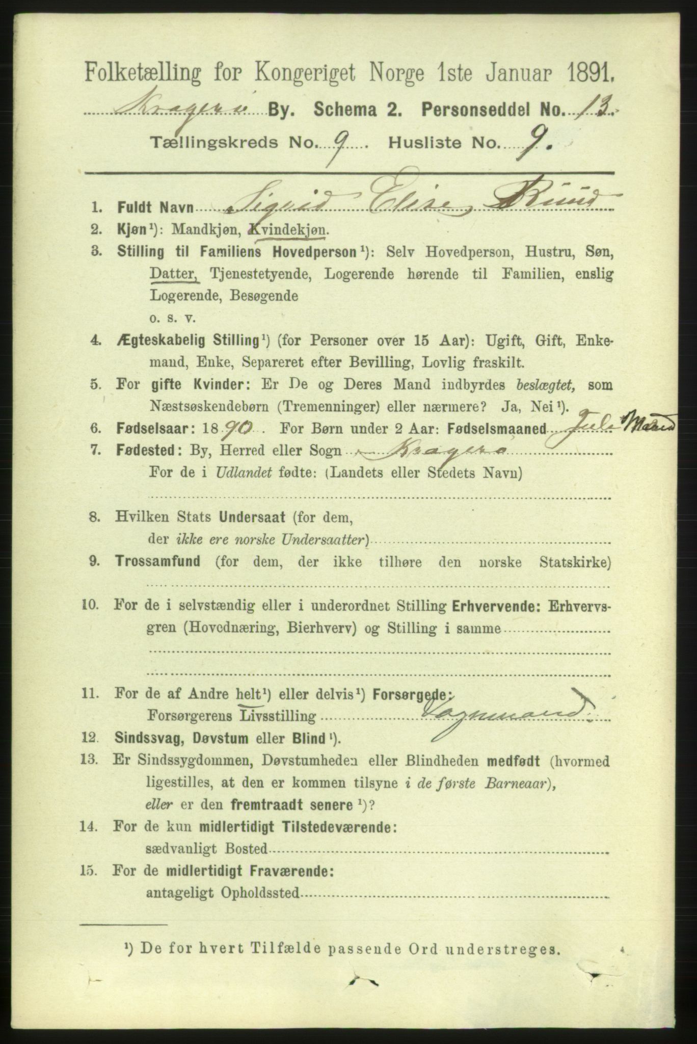 RA, 1891 census for 0801 Kragerø, 1891, p. 3748