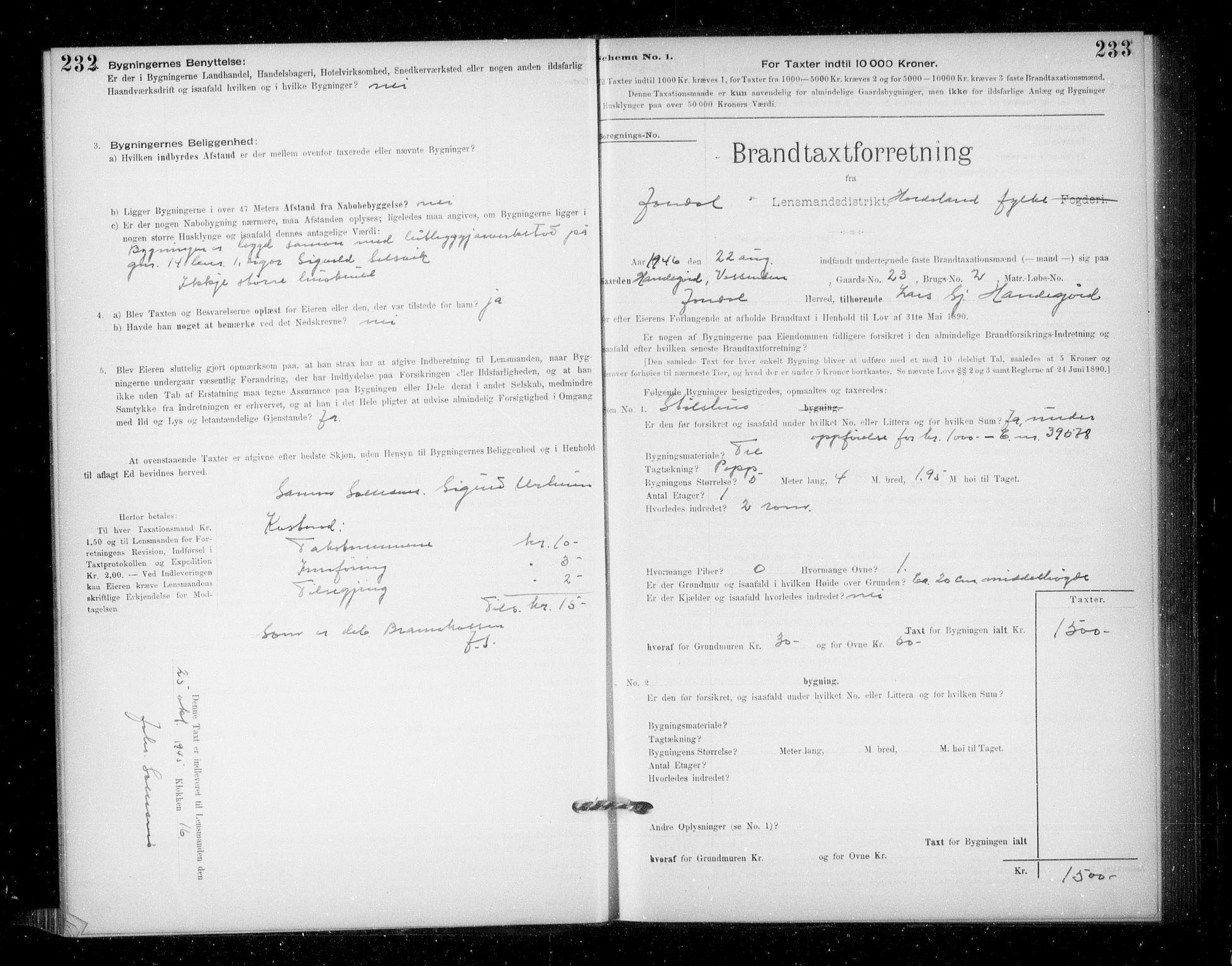 Lensmannen i Jondal, SAB/A-33101/0012/L0005: Branntakstprotokoll, skjematakst, 1894-1951, p. 232-233