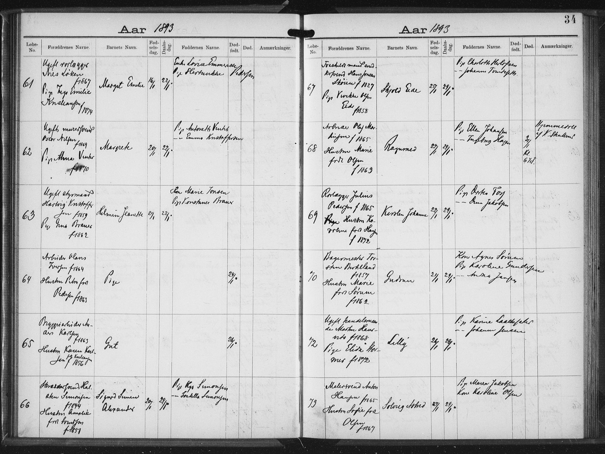 Rikshospitalet prestekontor Kirkebøker, AV/SAO-A-10309b/K/L0004/0001: Baptism register no. 4.1, 1892-1895, p. 34
