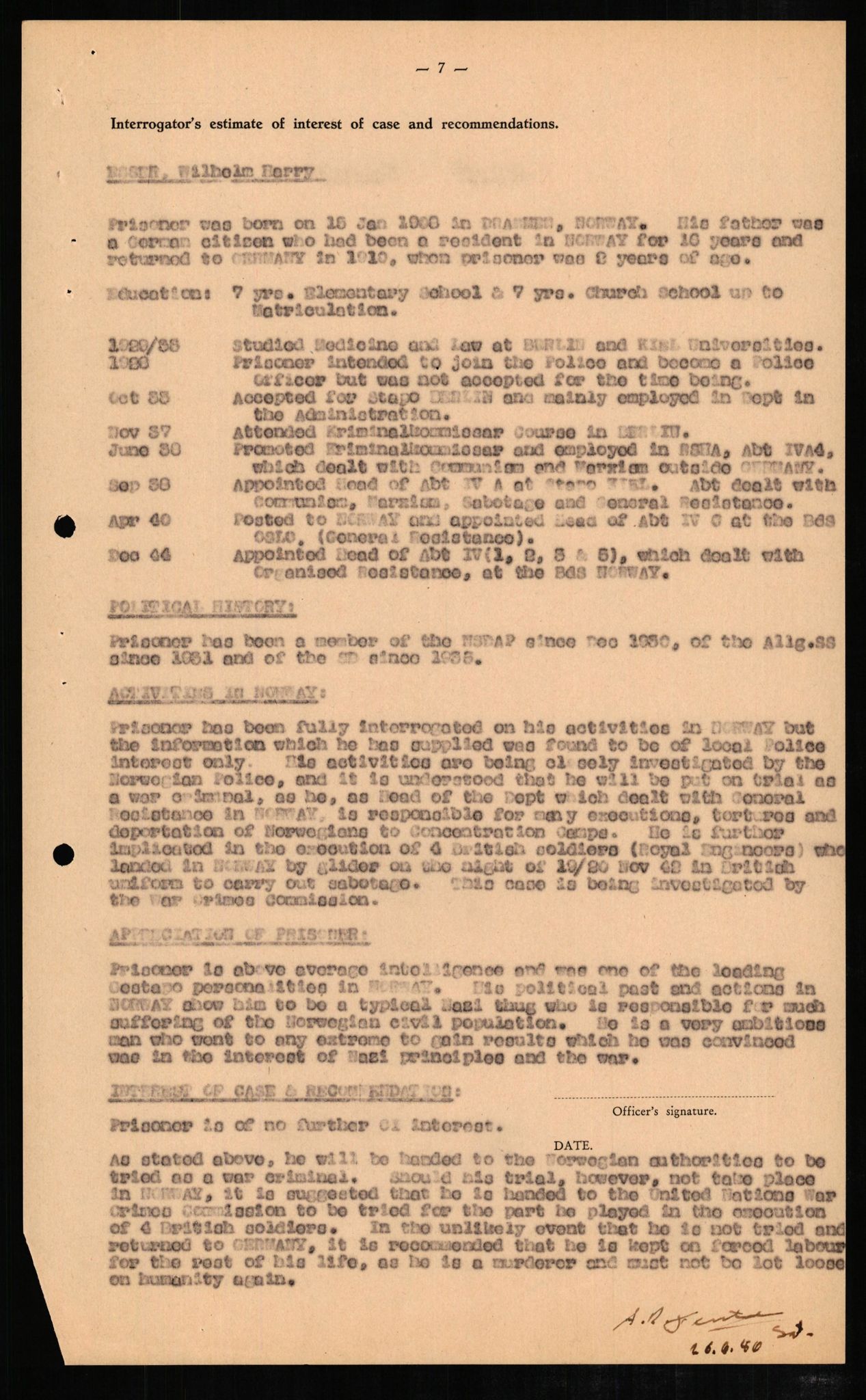 Forsvaret, Forsvarets overkommando II, RA/RAFA-3915/D/Db/L0007: CI Questionaires. Tyske okkupasjonsstyrker i Norge. Tyskere., 1945-1946, p. 258