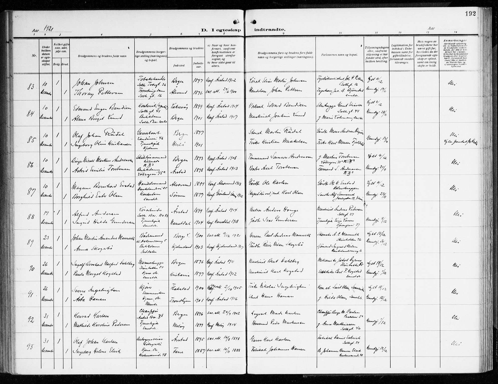 Årstad Sokneprestembete, AV/SAB-A-79301/H/Haa/L0004: Parish register (official) no. A 4, 1919-1928, p. 192