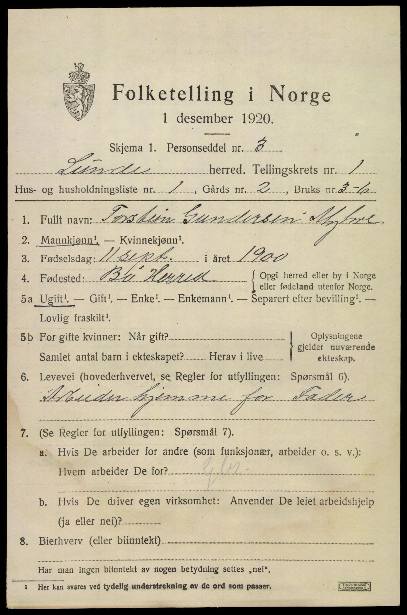 SAKO, 1920 census for Lunde, 1920, p. 1031