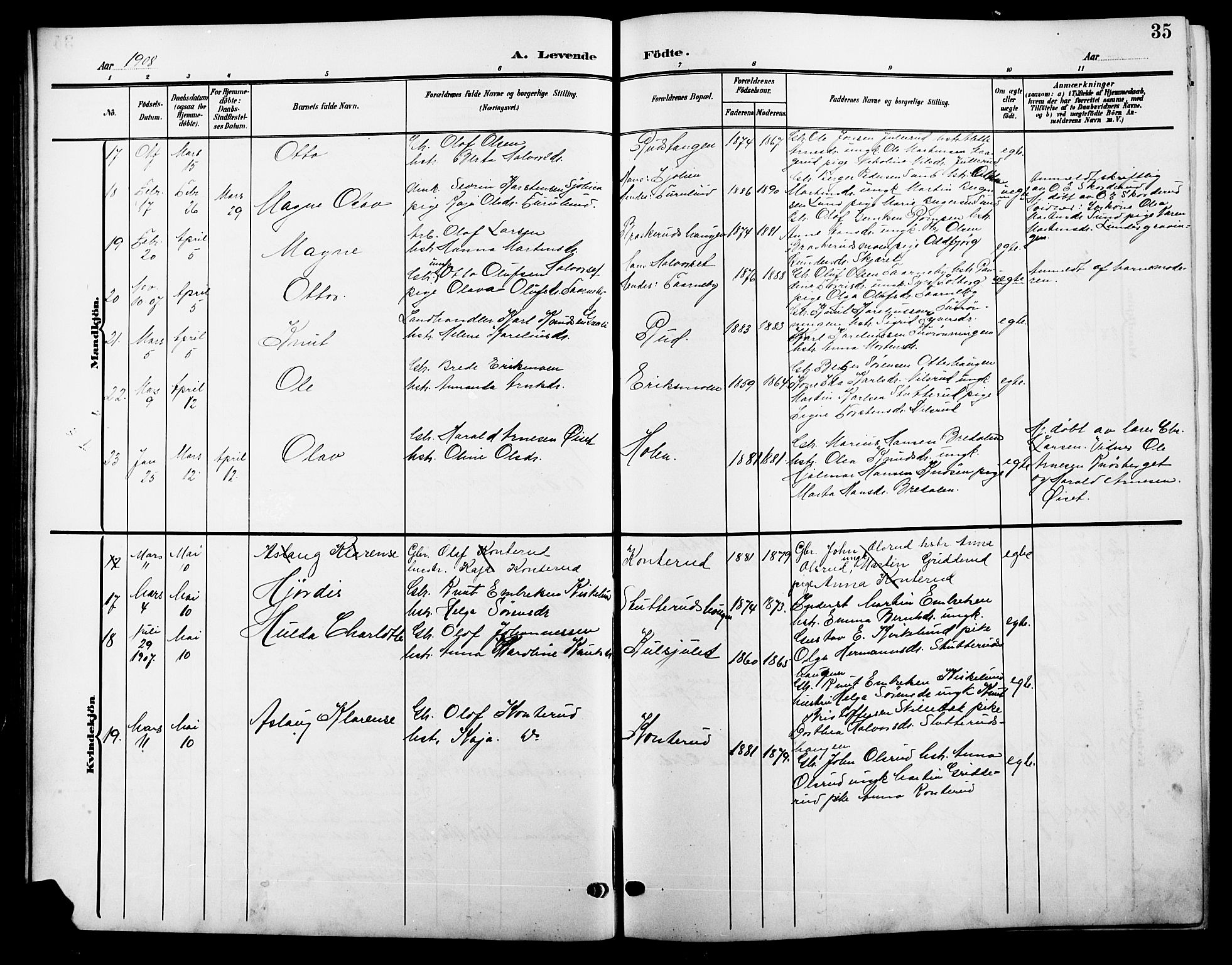 Våler prestekontor, Hedmark, AV/SAH-PREST-040/H/Ha/Hab/L0002: Parish register (copy) no. 2, 1905-1915, p. 35