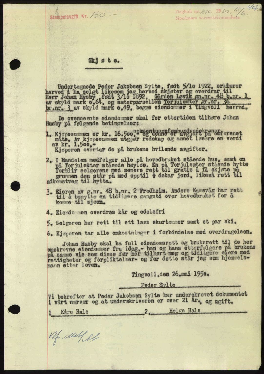 Nordmøre sorenskriveri, AV/SAT-A-4132/1/2/2Ca: Mortgage book no. A115, 1950-1950, Diary no: : 1886/1950