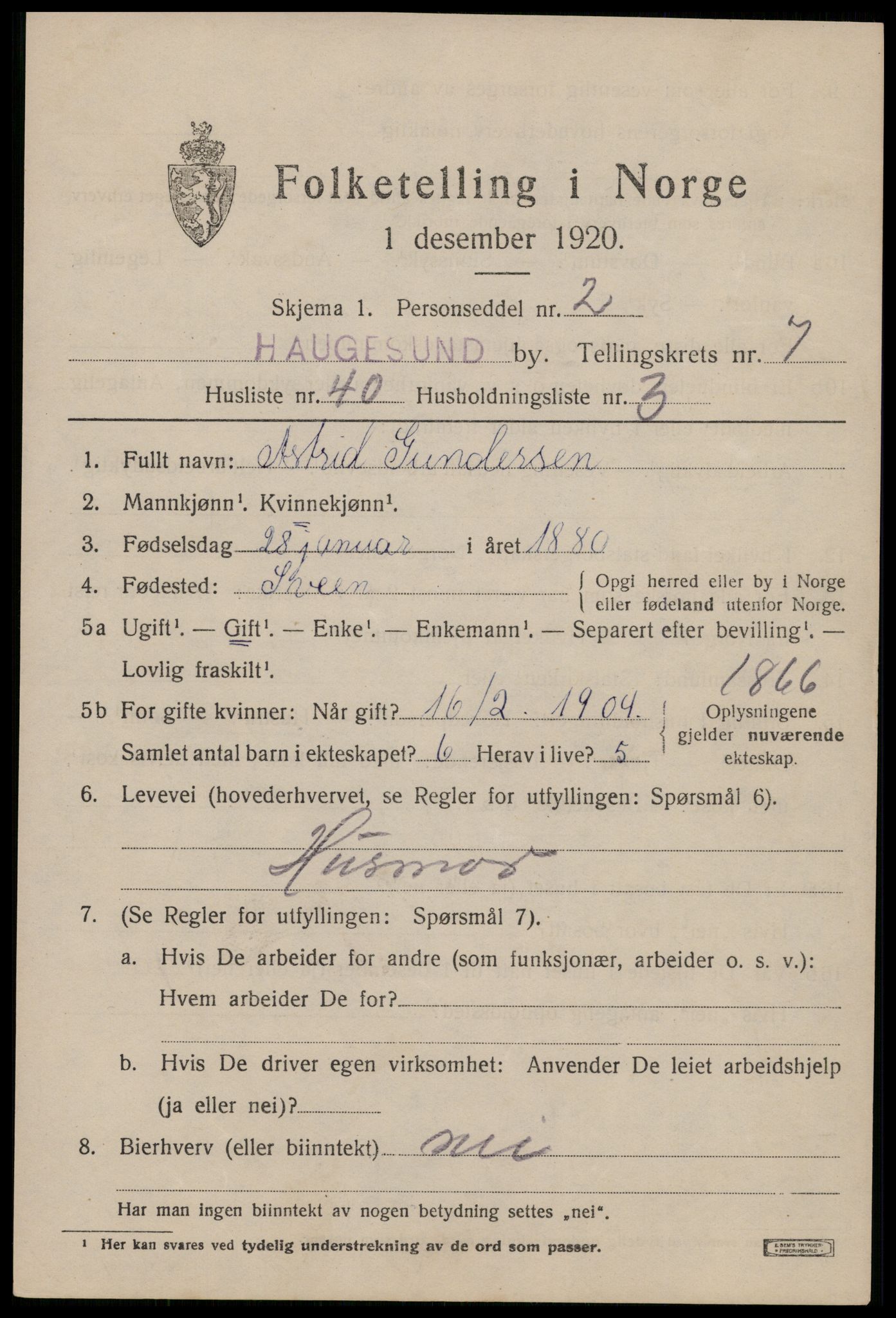 SAST, 1920 census for Haugesund, 1920, p. 25733