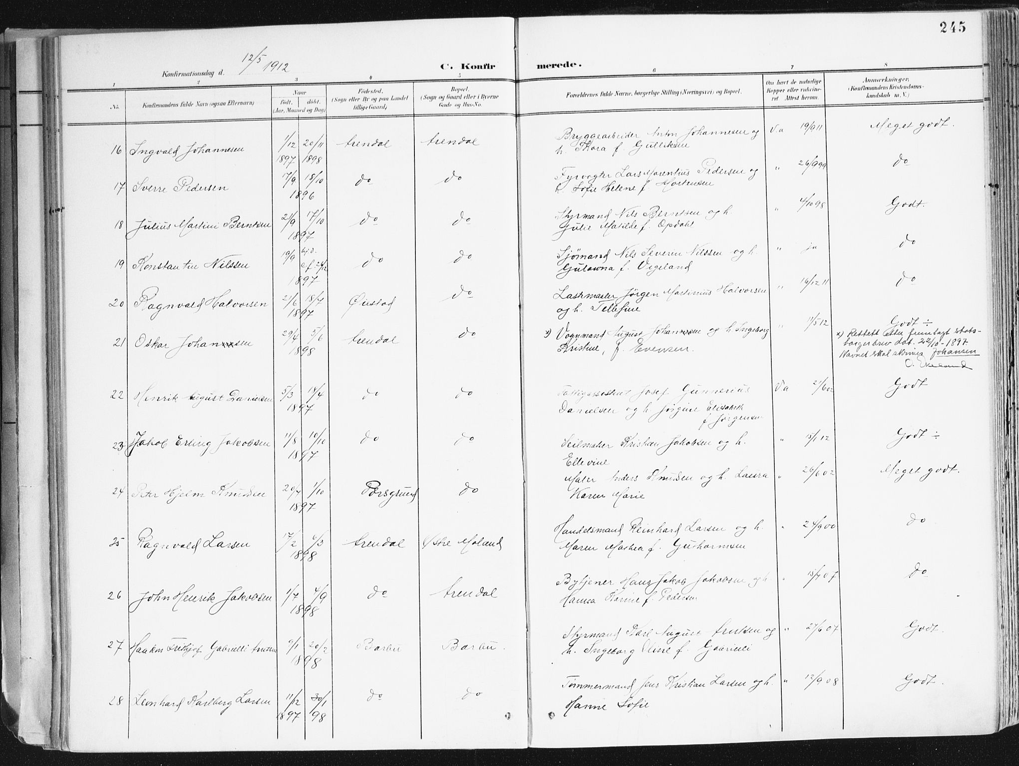 Arendal sokneprestkontor, Trefoldighet, SAK/1111-0040/F/Fa/L0010: Parish register (official) no. A 10, 1900-1919, p. 245