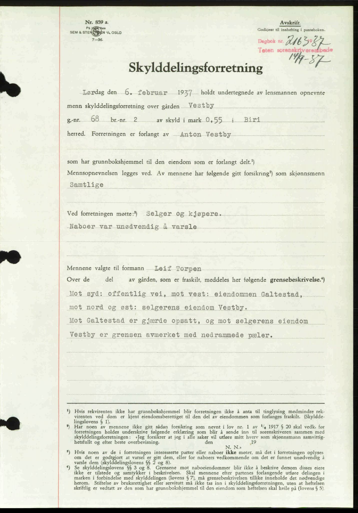 Toten tingrett, SAH/TING-006/H/Hb/Hbc/L0003: Mortgage book no. Hbc-03, 1937-1938, Diary no: : 2163/1937