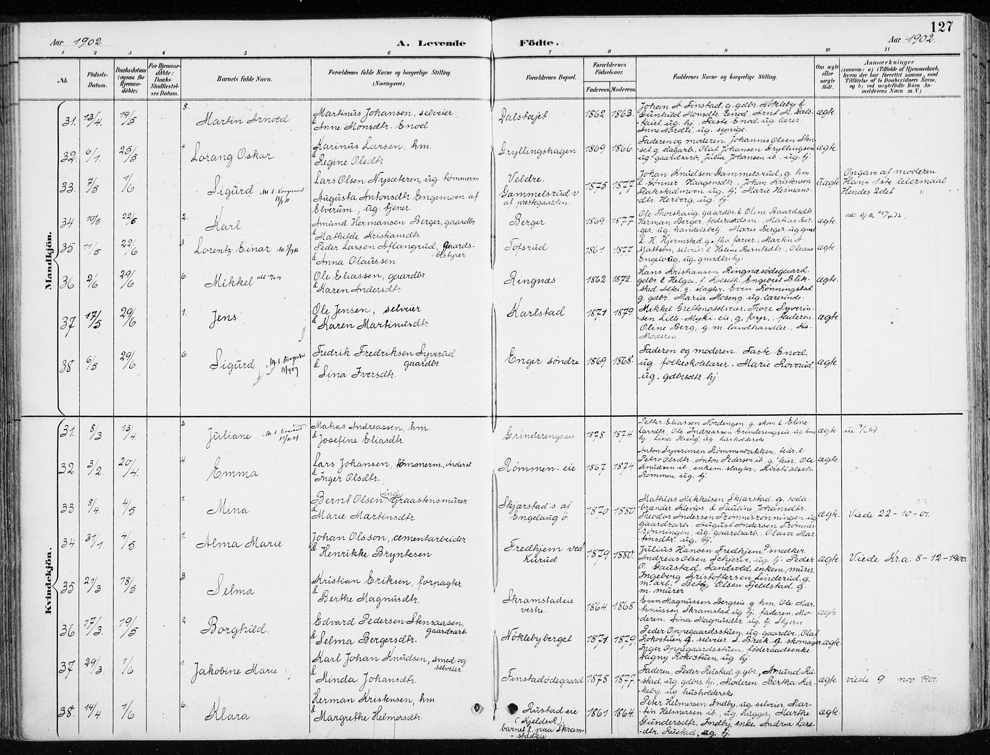 Løten prestekontor, AV/SAH-PREST-022/K/Ka/L0010: Parish register (official) no. 10, 1892-1907, p. 127