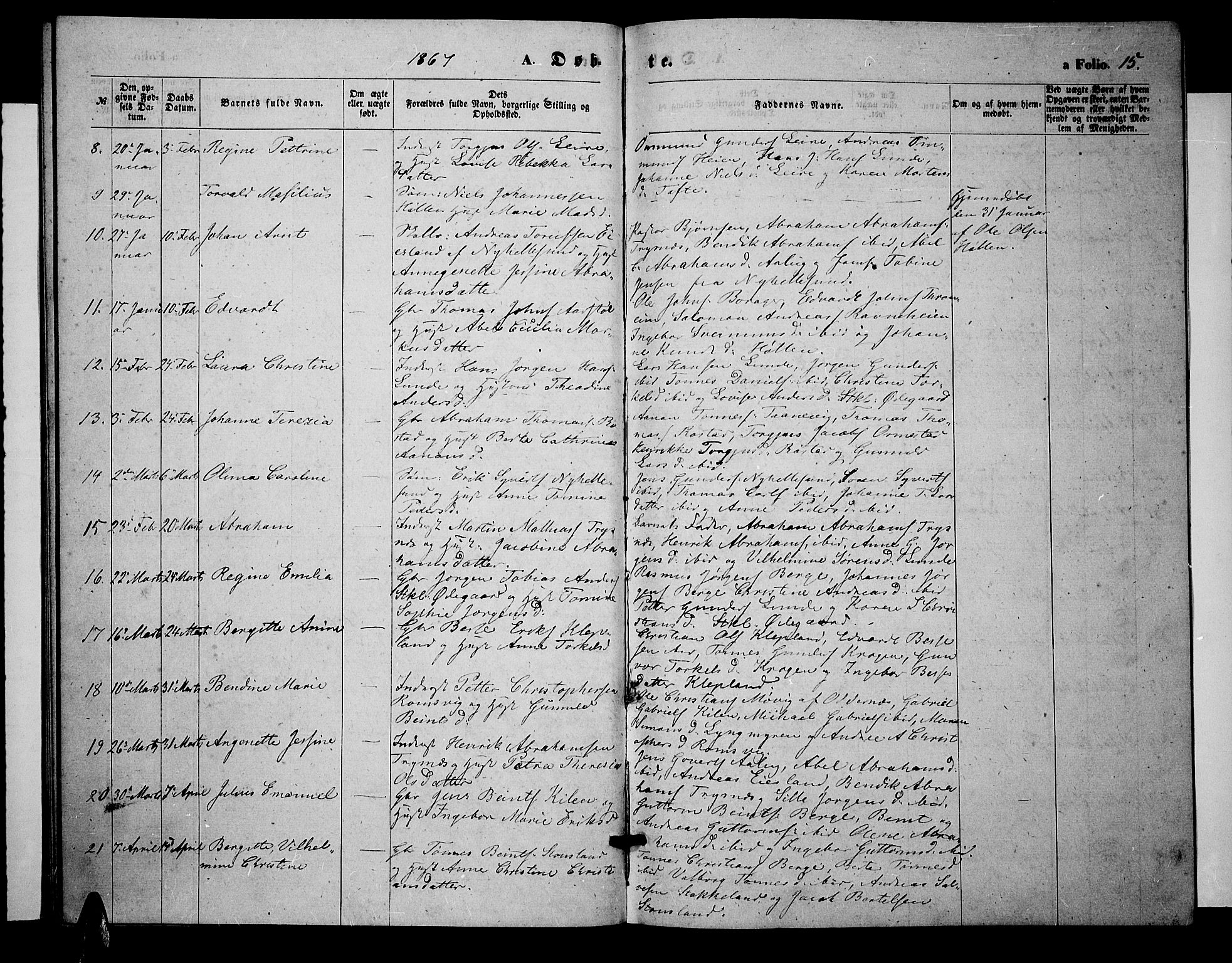 Søgne sokneprestkontor, SAK/1111-0037/F/Fb/Fbb/L0004: Parish register (copy) no. B 4, 1864-1883, p. 15