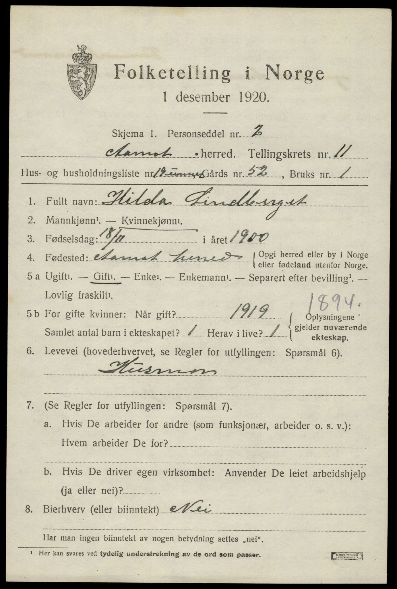 SAH, 1920 census for Åmot, 1920, p. 9605