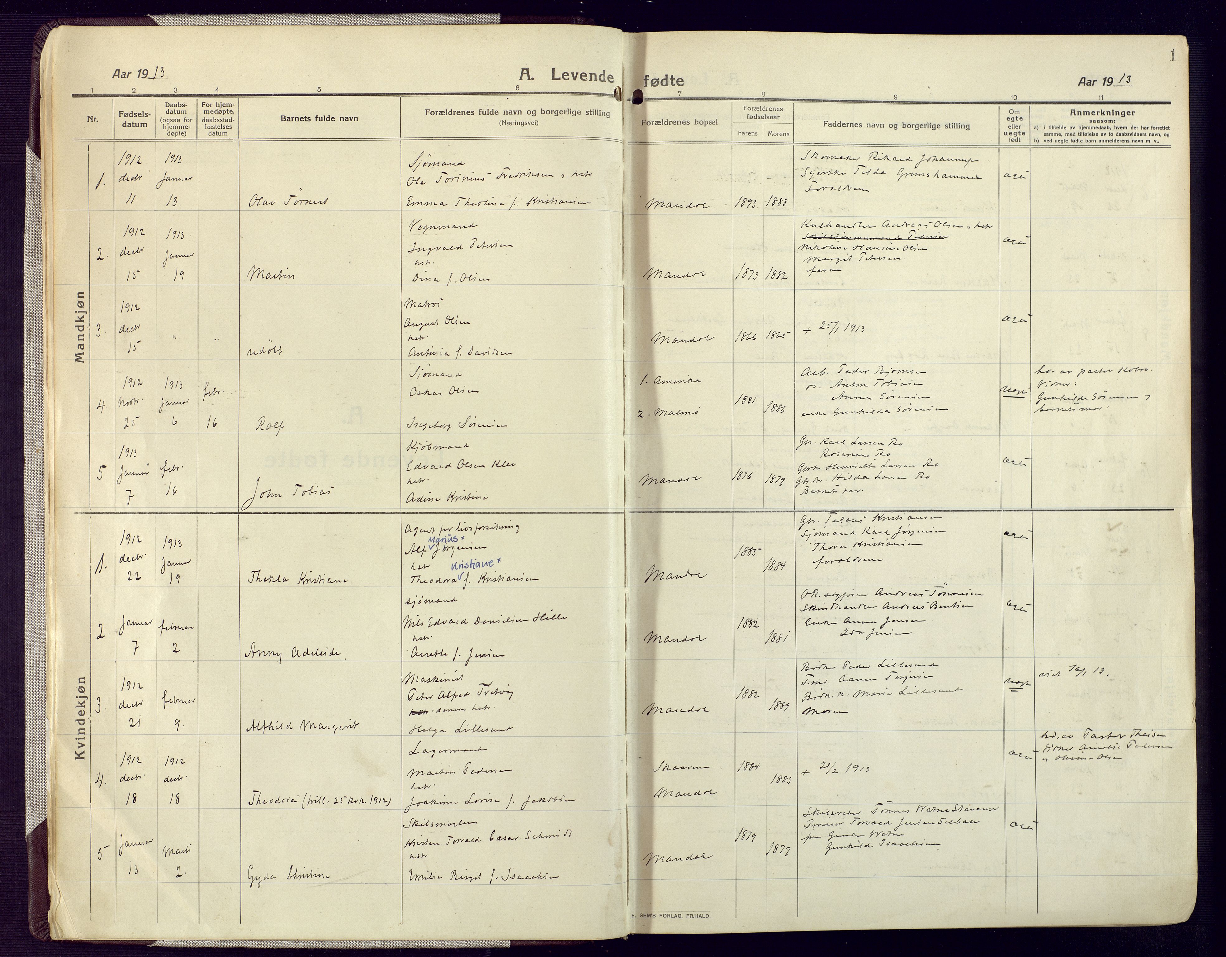 Mandal sokneprestkontor, SAK/1111-0030/F/Fa/Fac/L0001: Parish register (official) no. A 1, 1913-1925, p. 1