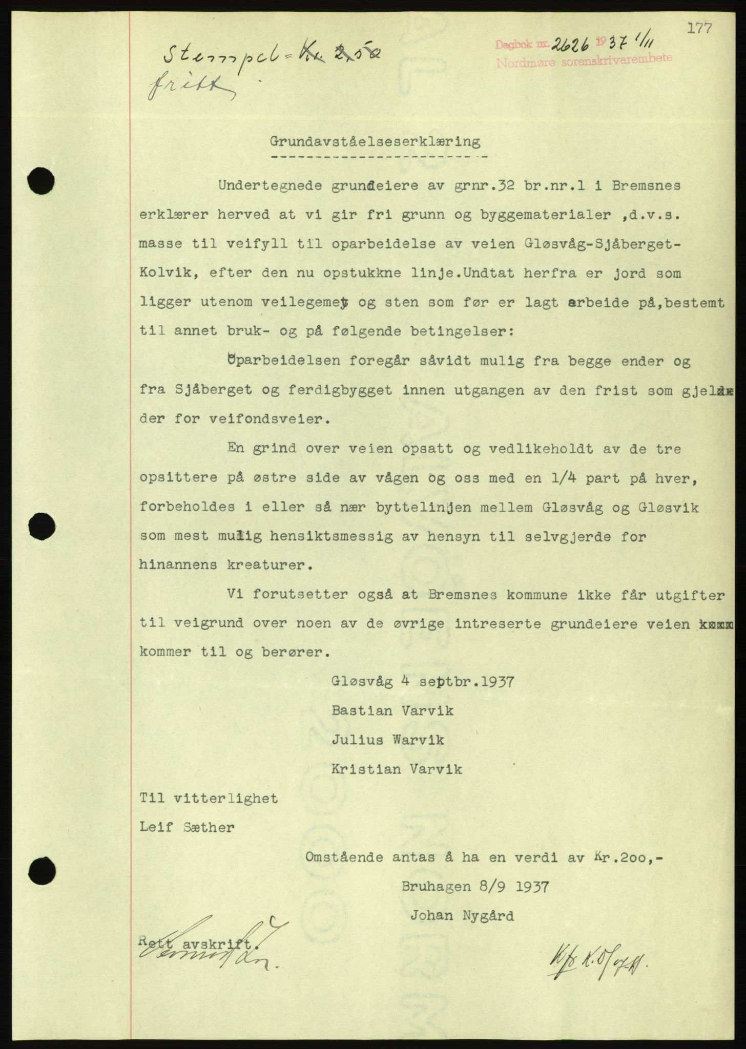 Nordmøre sorenskriveri, AV/SAT-A-4132/1/2/2Ca/L0092: Mortgage book no. B82, 1937-1938, Diary no: : 2626/1937