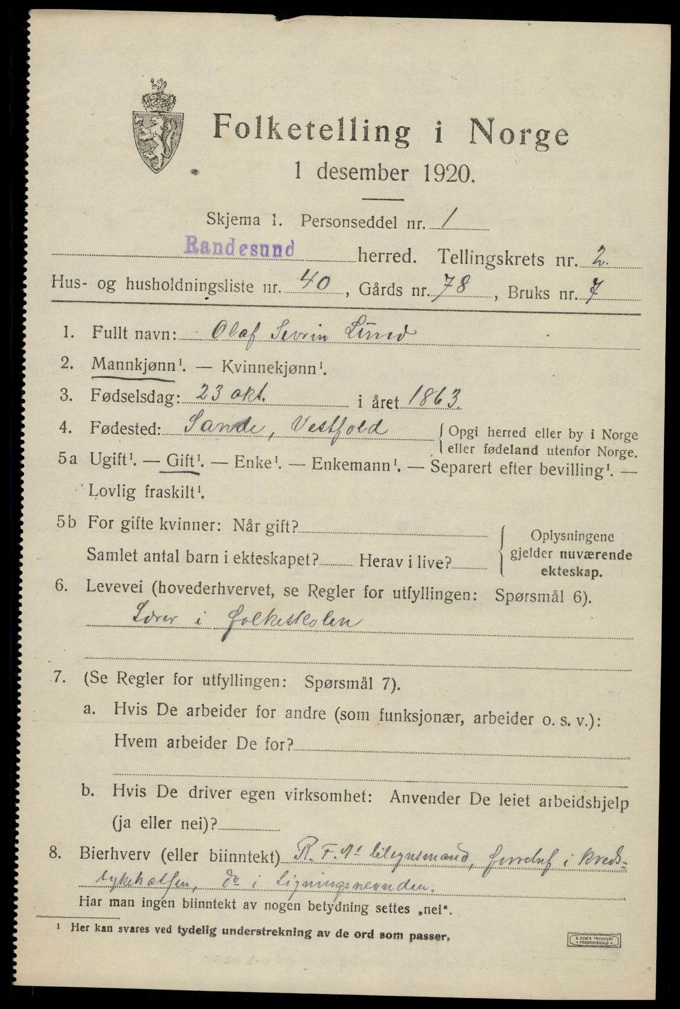 SAK, 1920 census for Randesund, 1920, p. 1426