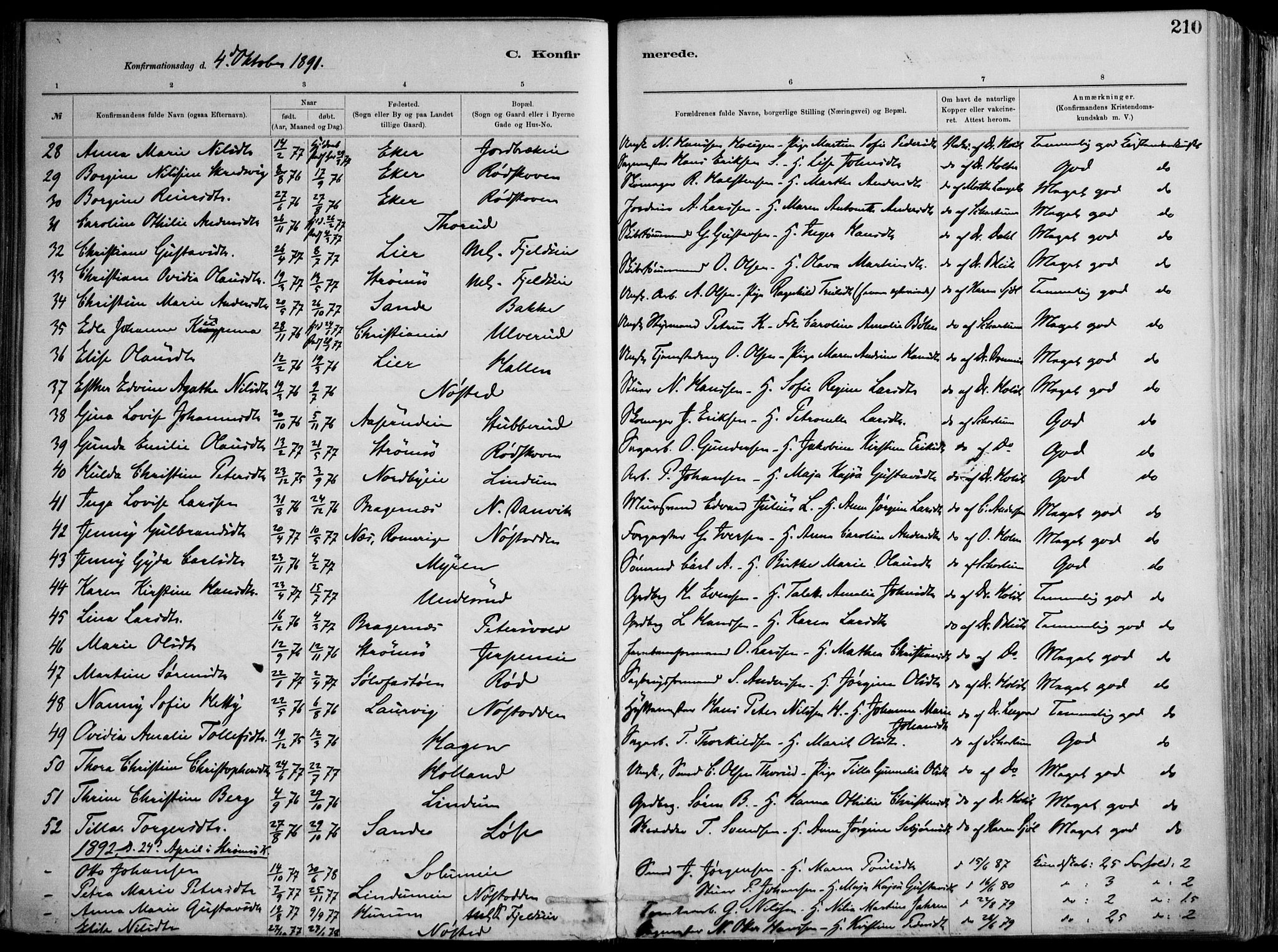 Skoger kirkebøker, AV/SAKO-A-59/F/Fa/L0006: Parish register (official) no. I 6, 1885-1910, p. 210