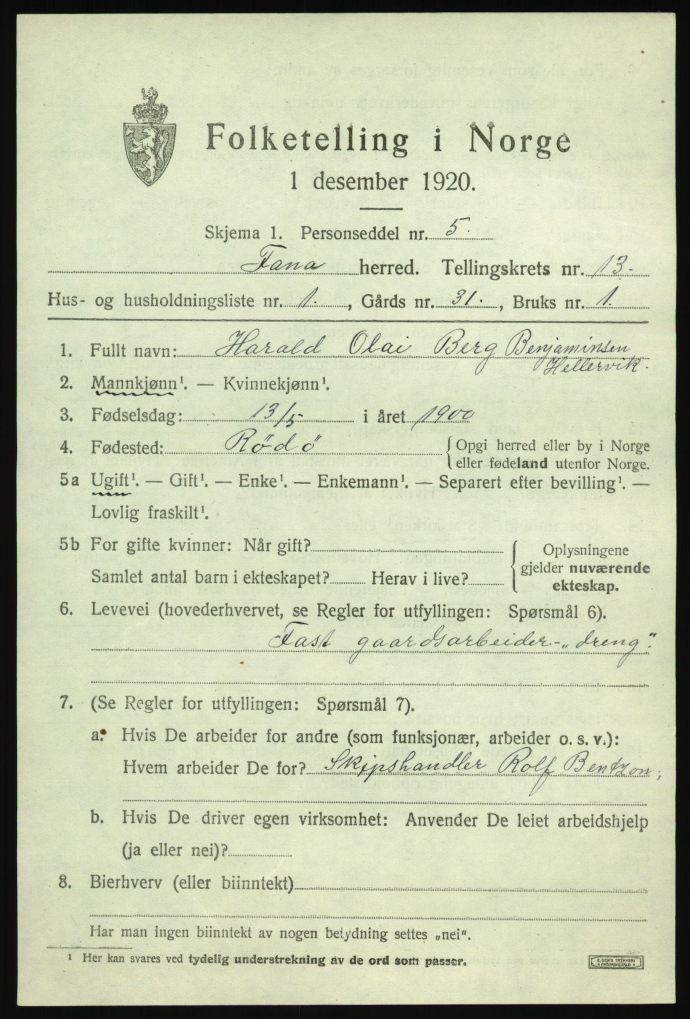 SAB, 1920 census for Fana, 1920, p. 19727