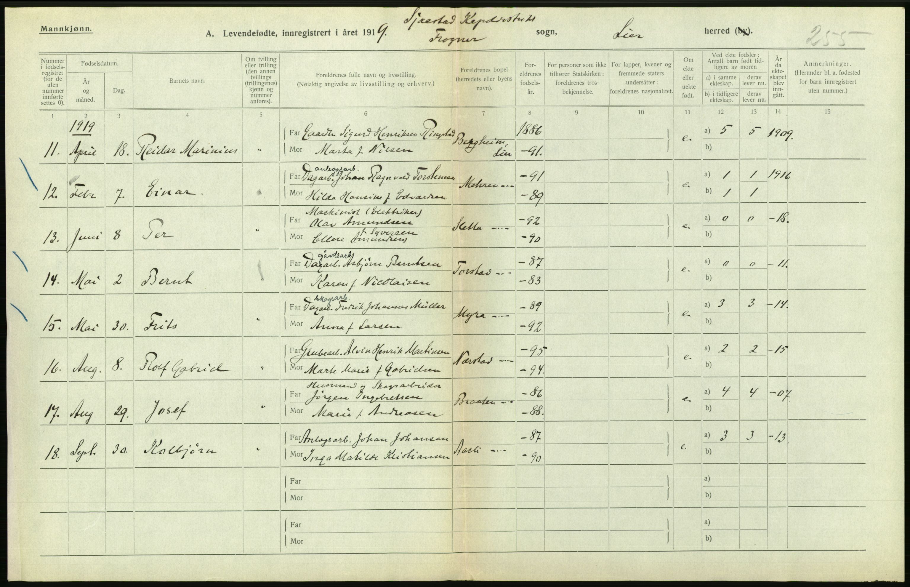 Statistisk sentralbyrå, Sosiodemografiske emner, Befolkning, RA/S-2228/D/Df/Dfb/Dfbi/L0016: Buskerud fylke: Levendefødte menn og kvinner. Bygder., 1919, p. 358