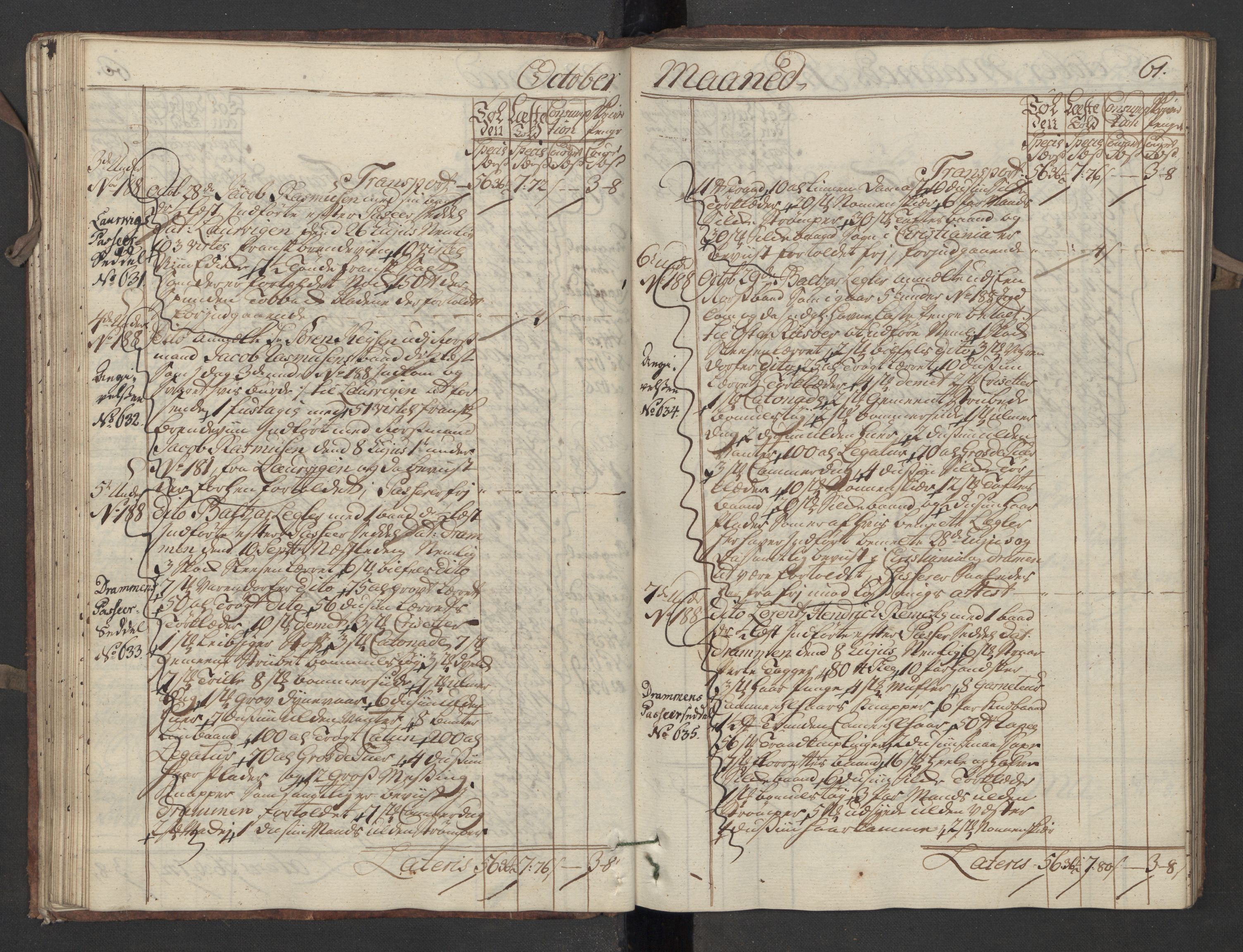 Generaltollkammeret, tollregnskaper, AV/RA-EA-5490/R13/L0020/0001: Tollregnskaper Kragerø / Inngående hovedtollbok, 1756, p. 60b-61a