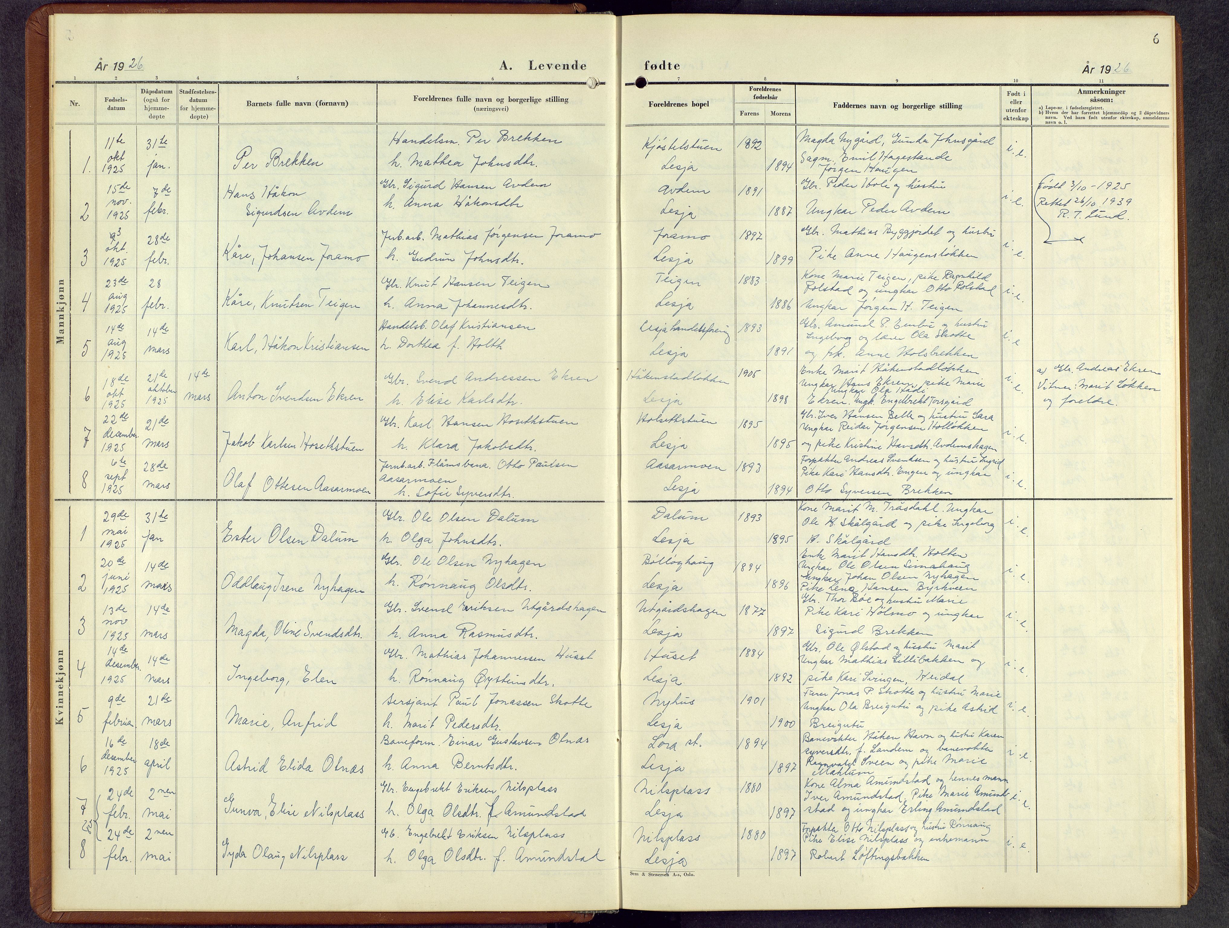 Lesja prestekontor, SAH/PREST-068/H/Ha/Hab/L0010: Parish register (copy) no. 10, 1925-1960, p. 6