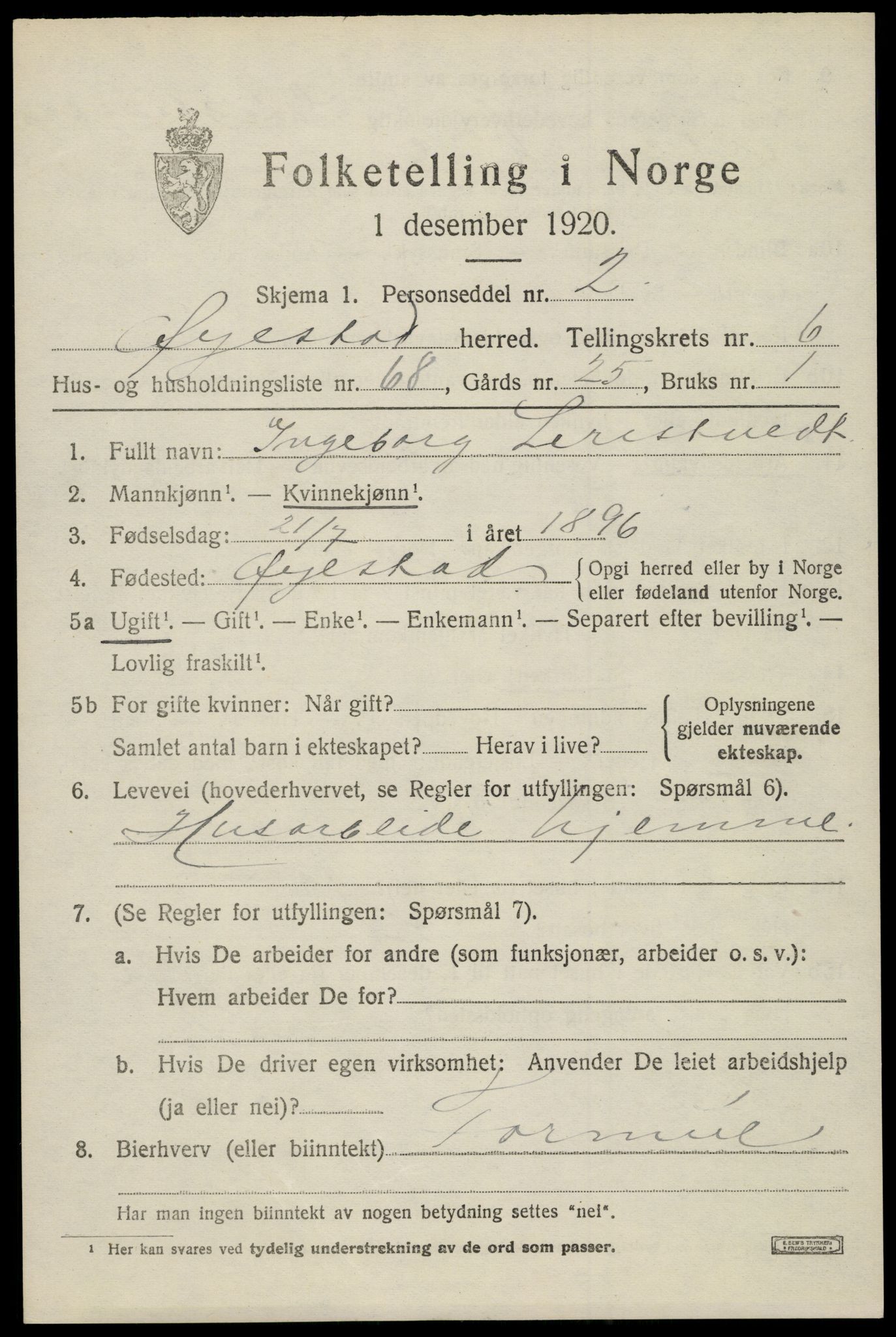 SAK, 1920 census for Øyestad, 1920, p. 4852