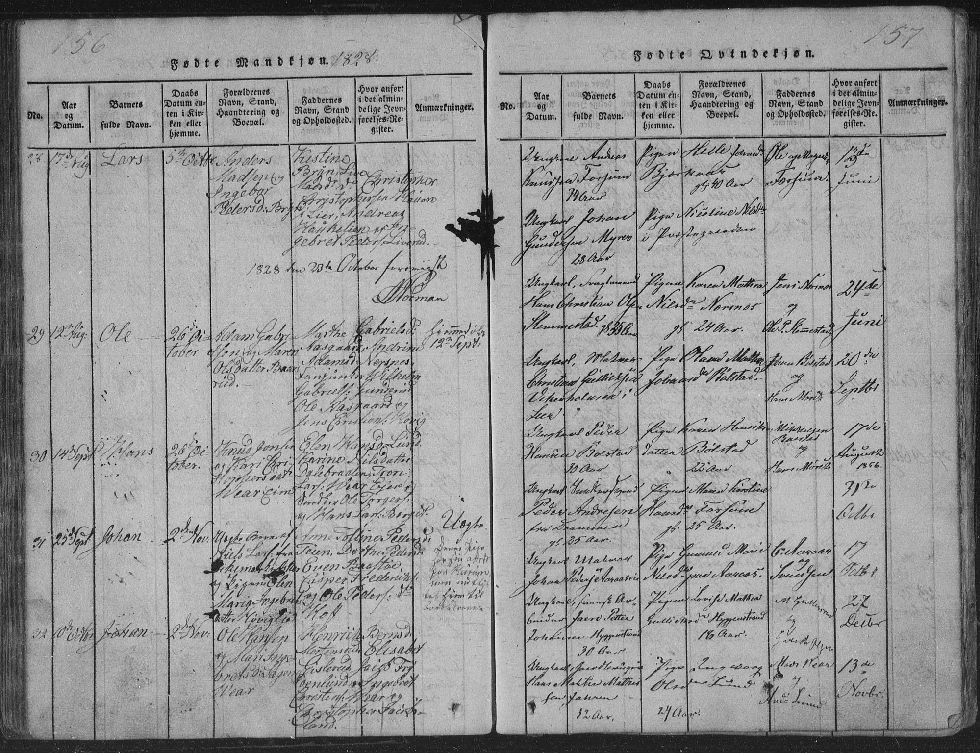 Røyken kirkebøker, SAKO/A-241/G/Ga/L0003: Parish register (copy) no. 3, 1814-1856, p. 156-157