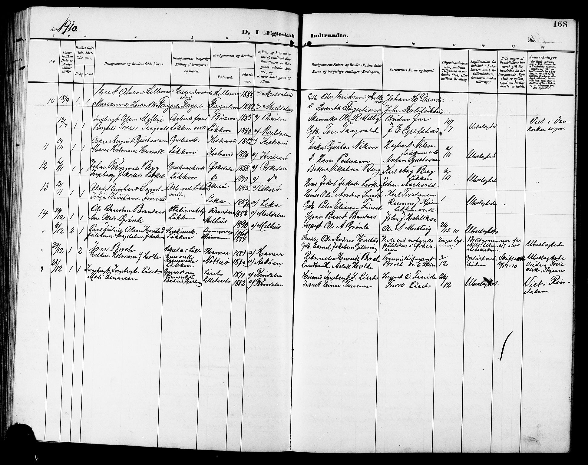 Ministerialprotokoller, klokkerbøker og fødselsregistre - Sør-Trøndelag, SAT/A-1456/672/L0864: Parish register (copy) no. 672C03, 1902-1914, p. 168
