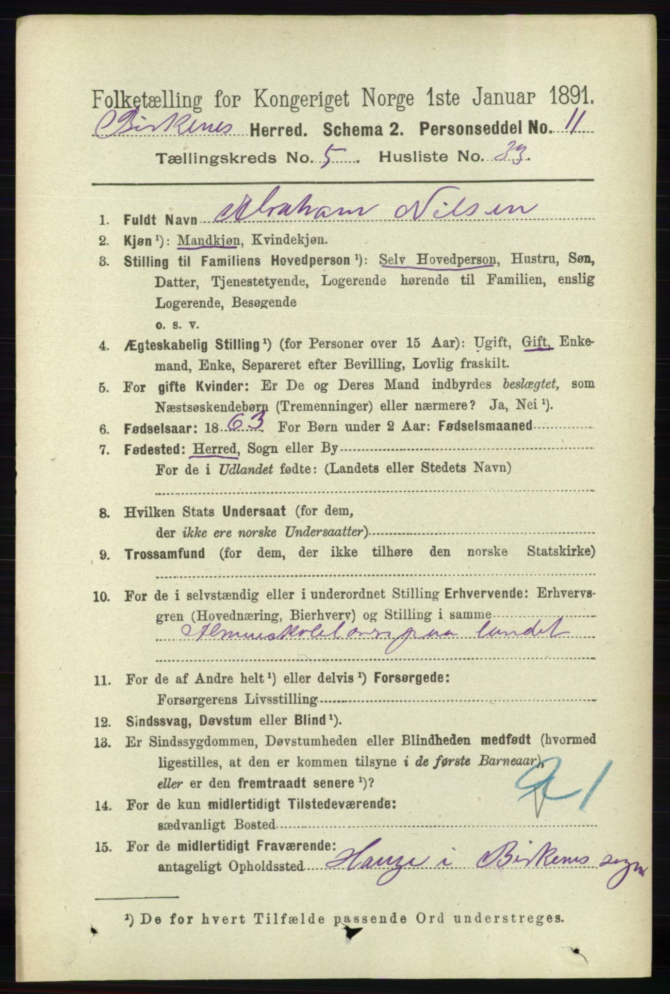 RA, 1891 Census for 0928 Birkenes, 1891, p. 1760