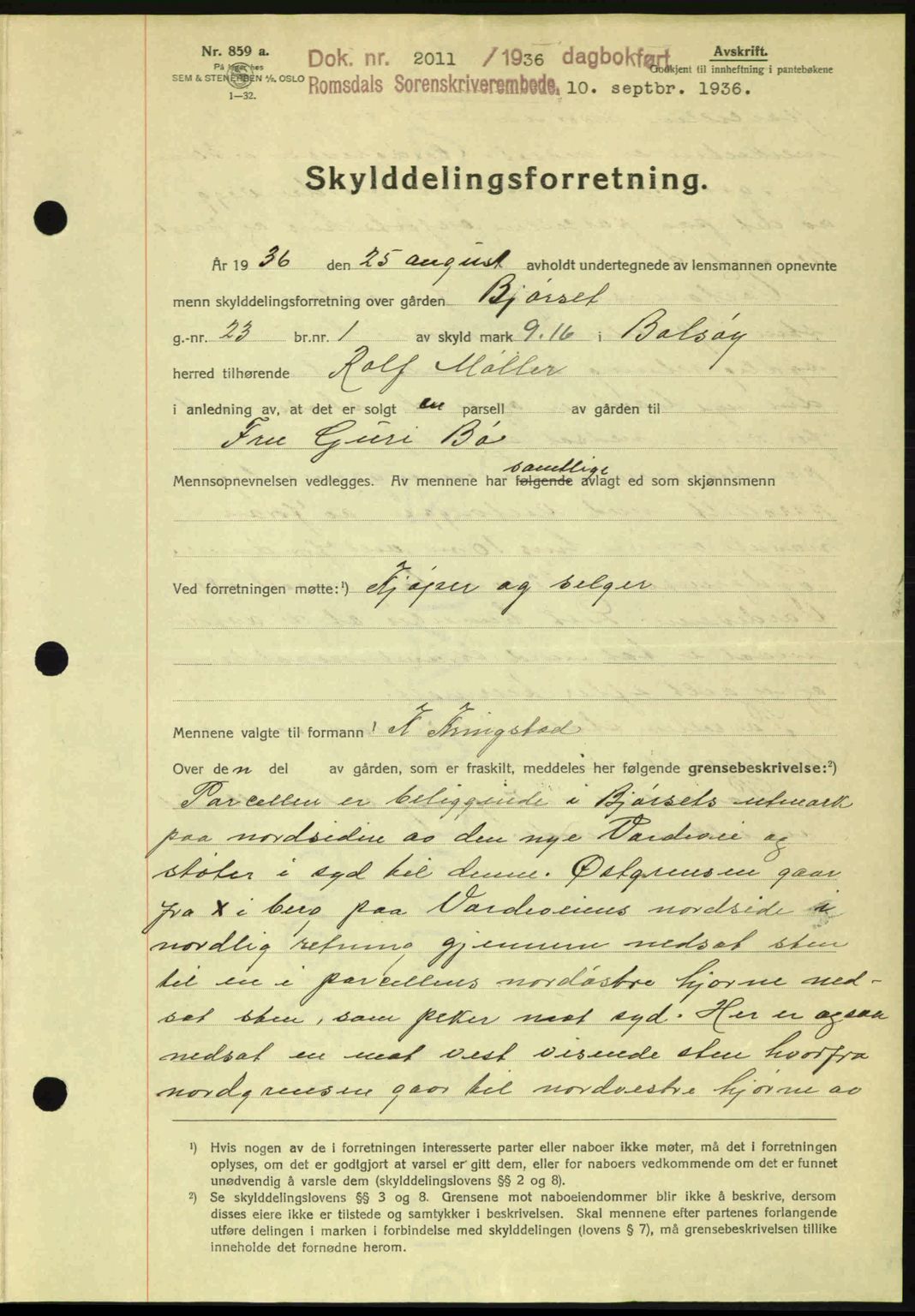 Romsdal sorenskriveri, AV/SAT-A-4149/1/2/2C: Mortgage book no. A2, 1936-1937, Diary no: : 2011/1936