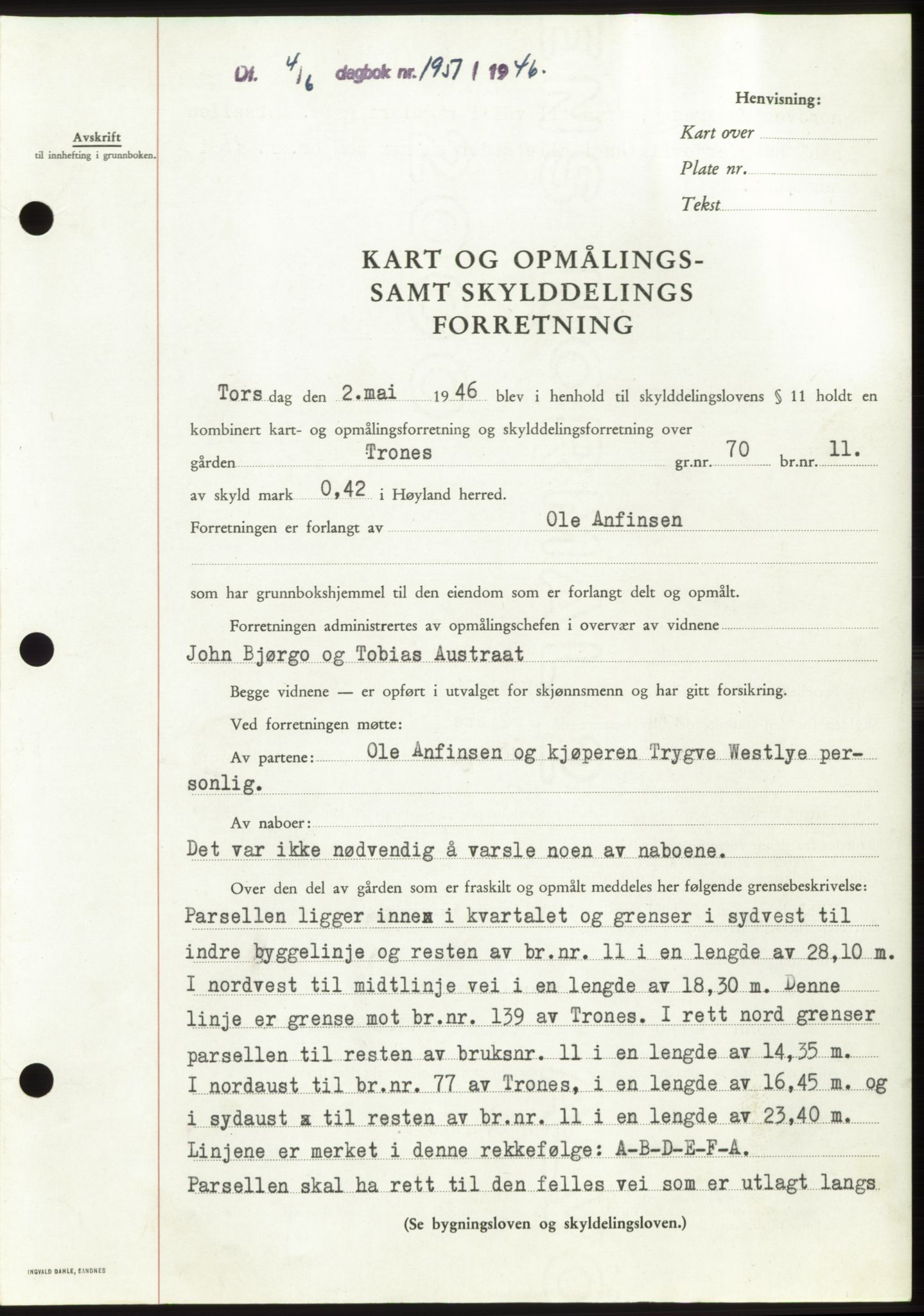 Jæren sorenskriveri, SAST/A-100310/03/G/Gba/L0090: Mortgage book, 1946-1946, Diary no: : 1951/1946