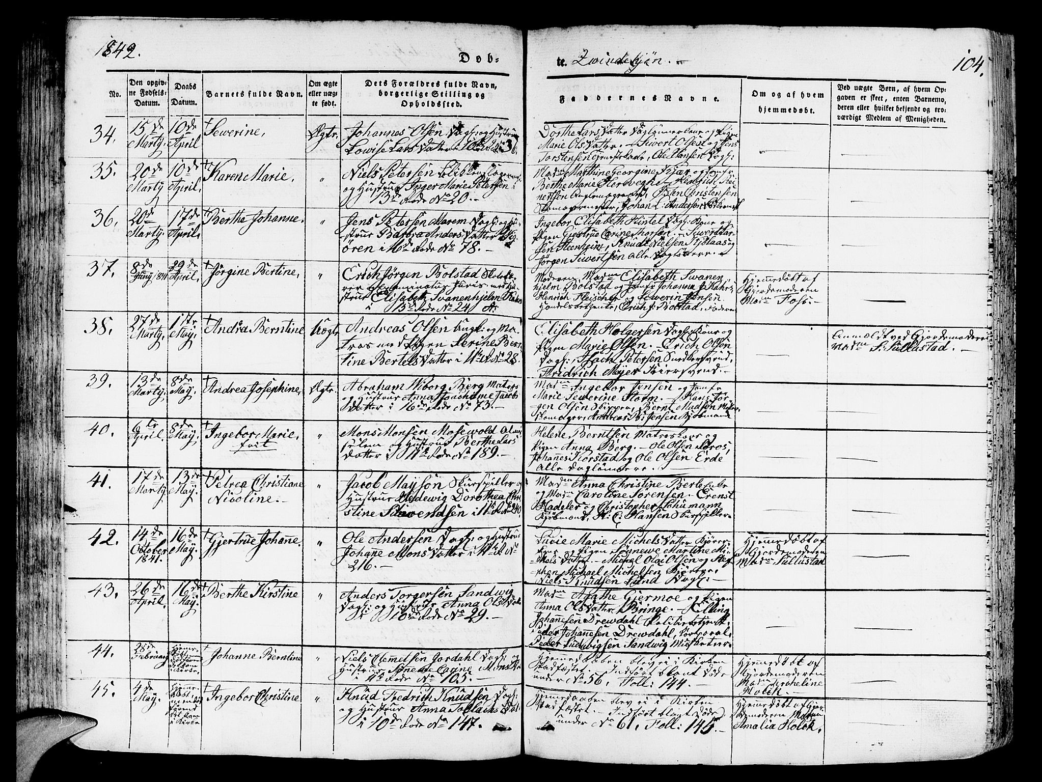 Domkirken sokneprestembete, SAB/A-74801/H/Hab/L0009: Parish register (copy) no. B 2, 1842-1849, p. 104