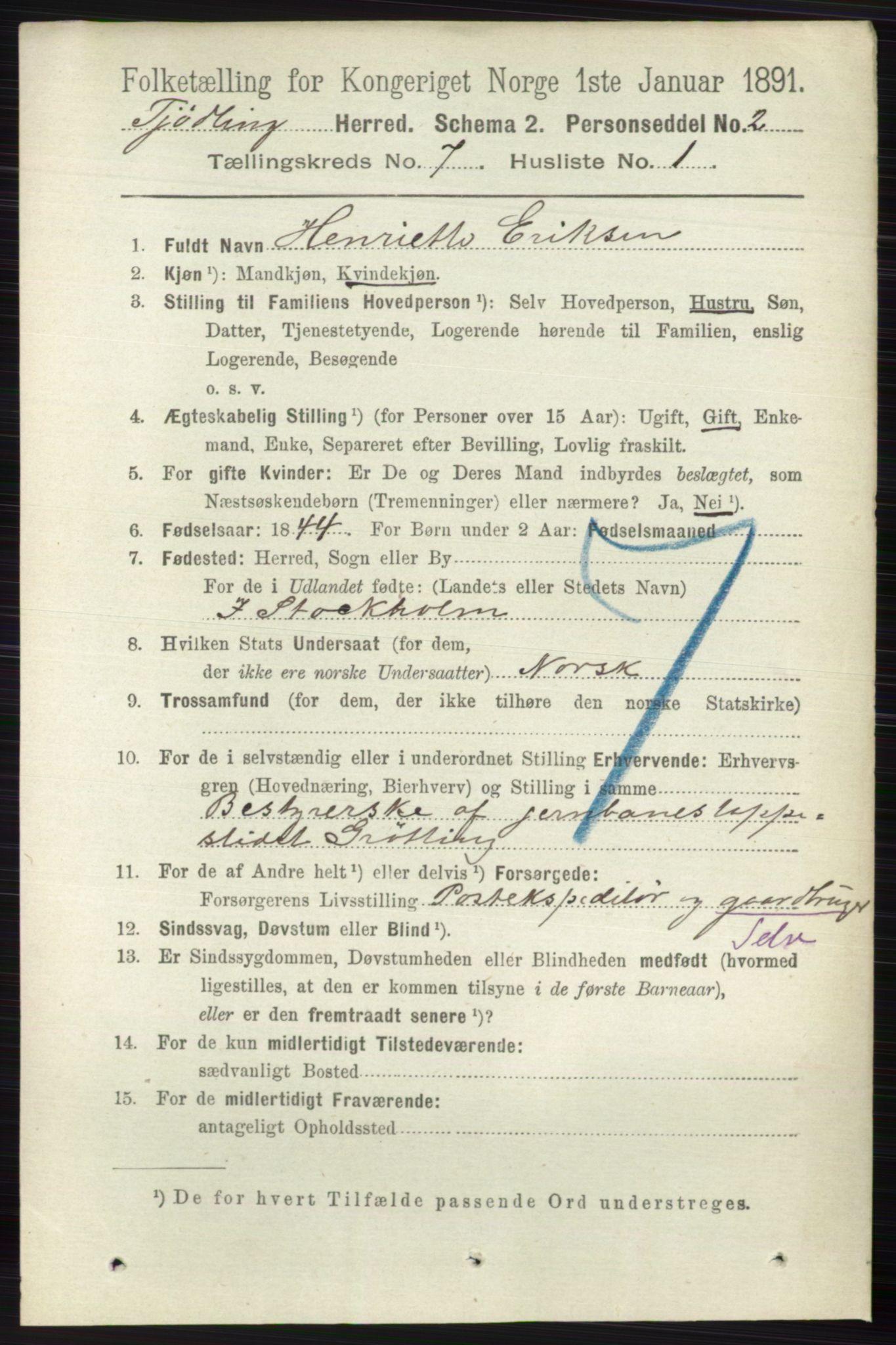 RA, 1891 census for 0725 Tjølling, 1891, p. 3668