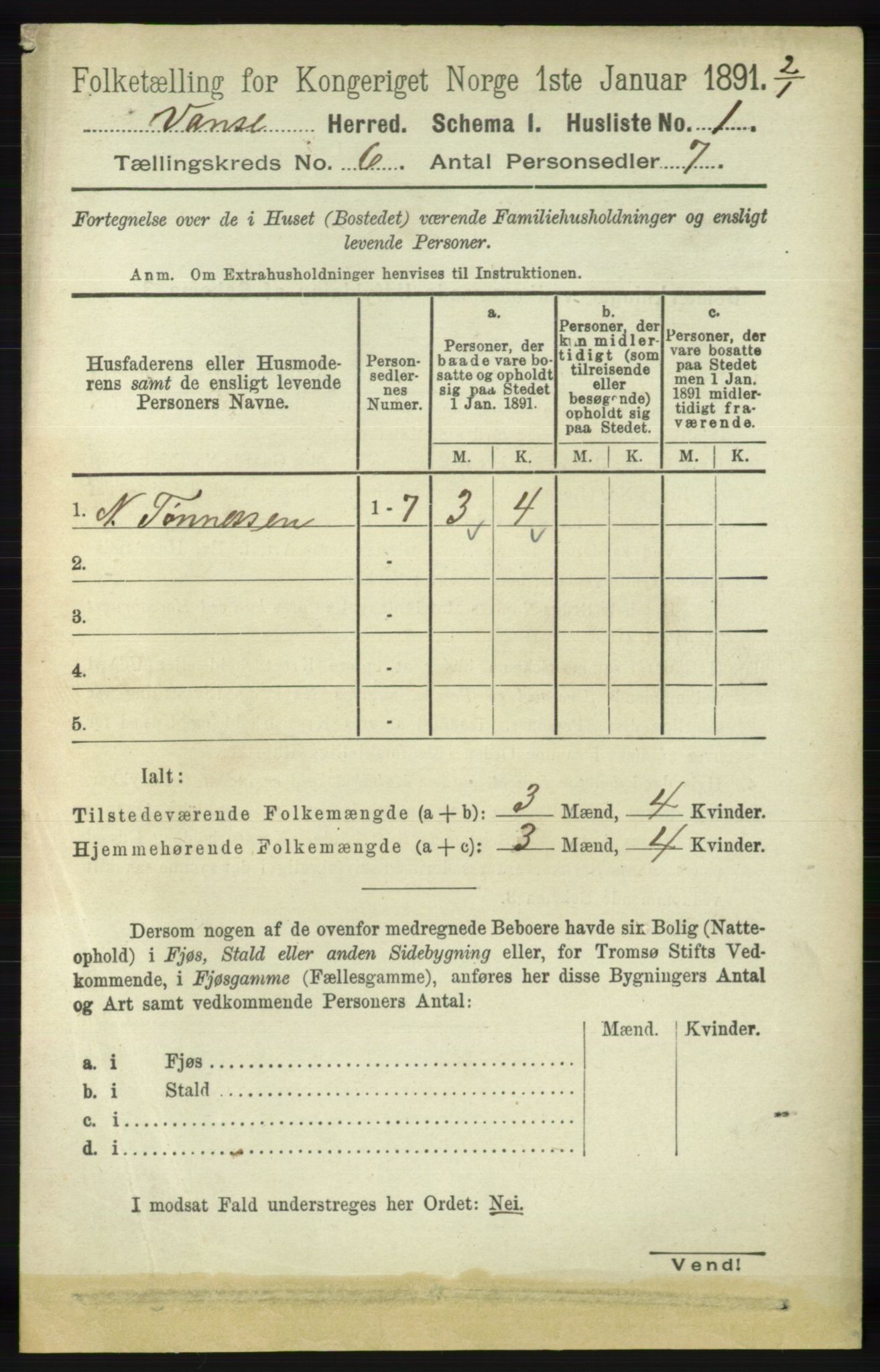 RA, 1891 census for 1041 Vanse, 1891, p. 3399