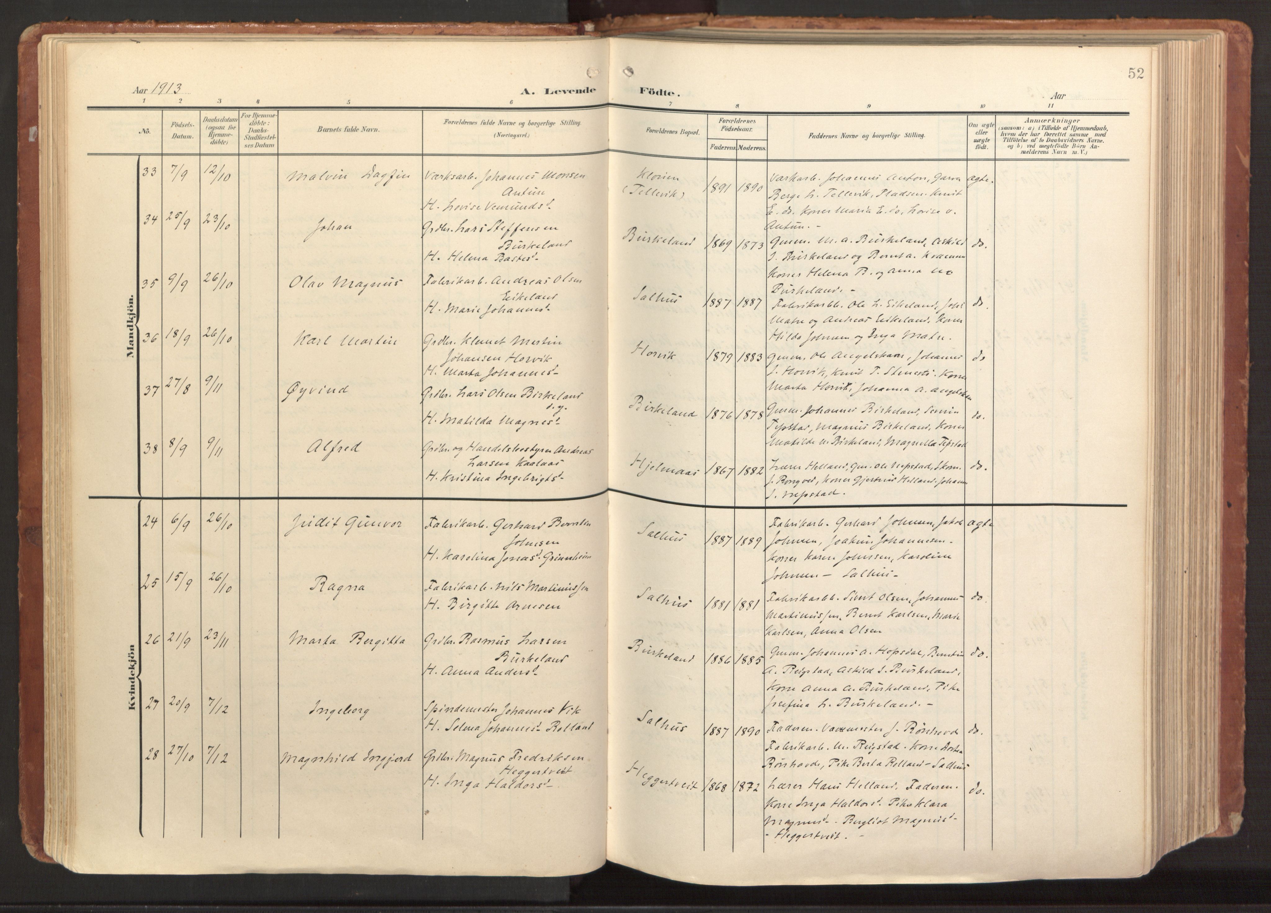 Hamre sokneprestembete, AV/SAB-A-75501/H/Ha/Haa/Haab/L0002: Parish register (official) no. B 2, 1905-1924, p. 52