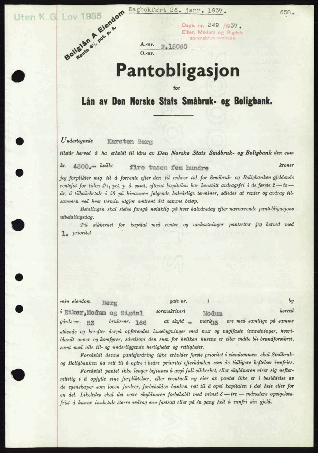 Eiker, Modum og Sigdal sorenskriveri, SAKO/A-123/G/Ga/Gab/L0034: Mortgage book no. A4, 1936-1937, Diary no: : 249/1937