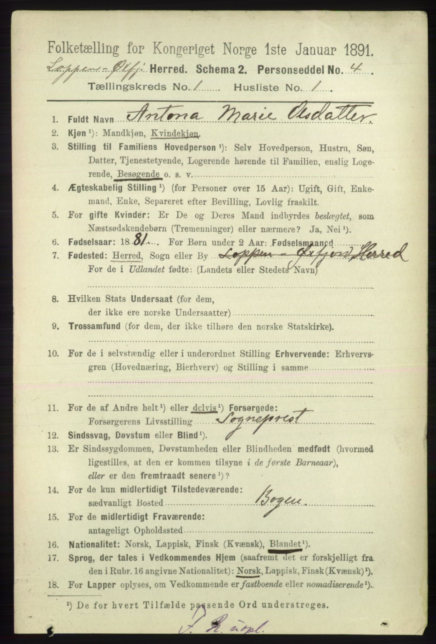 RA, 1891 census for 2014 Loppa, 1891, p. 72