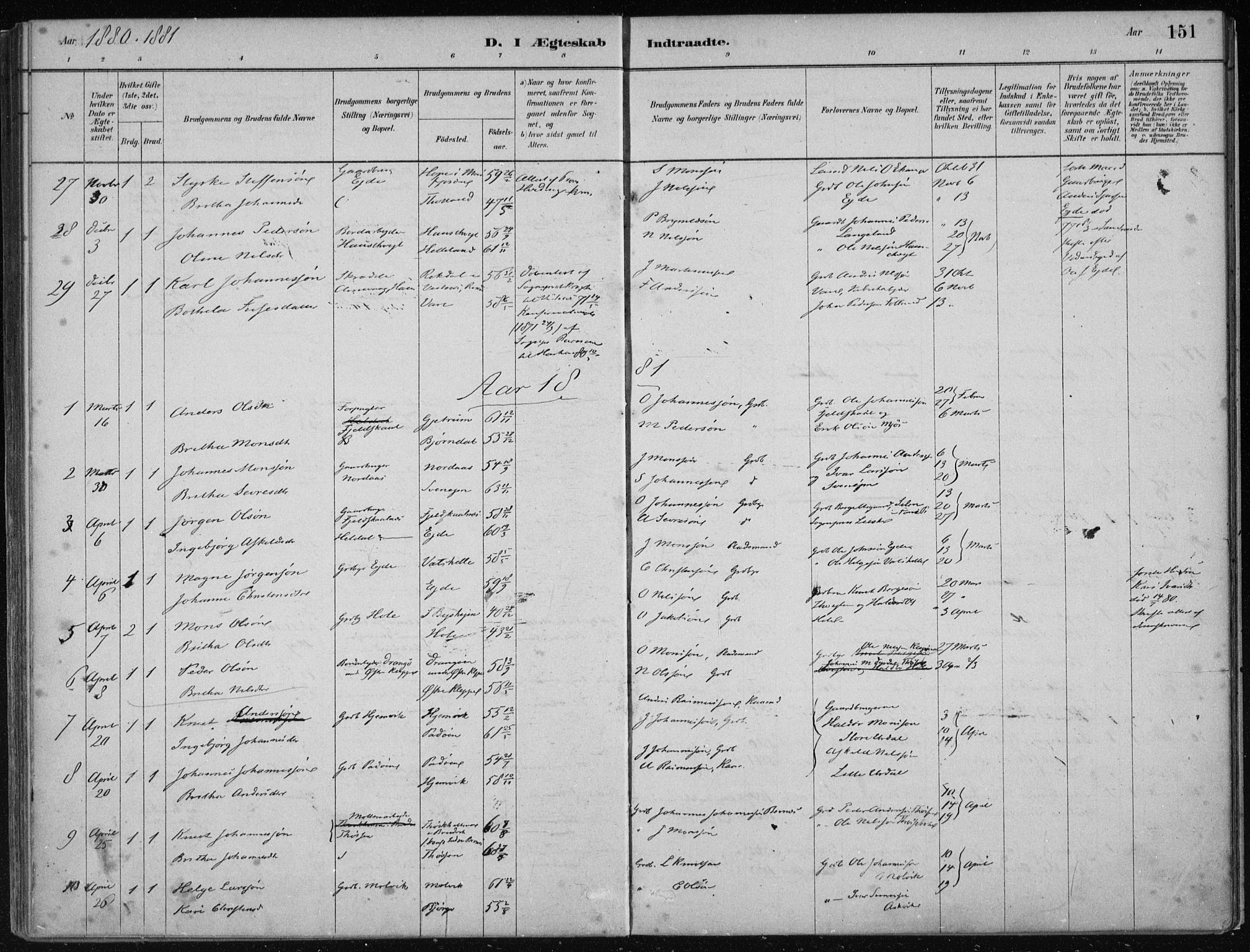 Hosanger sokneprestembete, AV/SAB-A-75801/H/Haa: Parish register (official) no. B  1, 1880-1896, p. 151