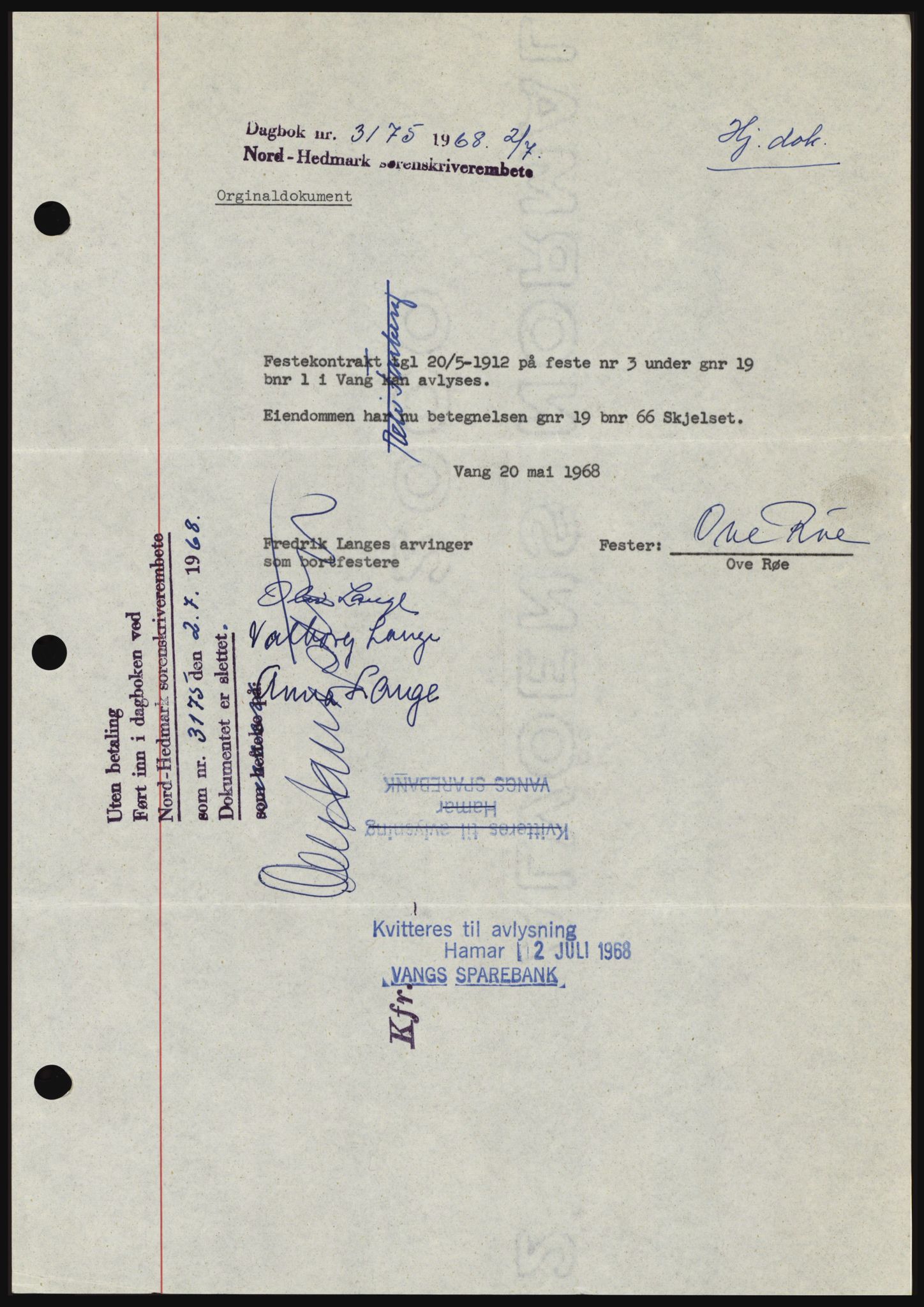 Nord-Hedmark sorenskriveri, SAH/TING-012/H/Hc/L0028: Mortgage book no. 28, 1968-1968, Diary no: : 3175/1968