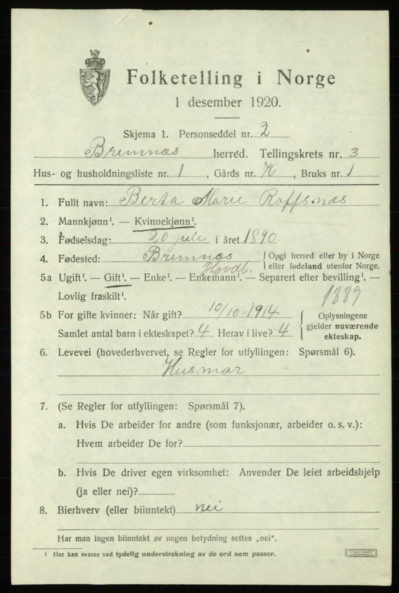 SAB, 1920 census for Bremnes, 1920, p. 1556