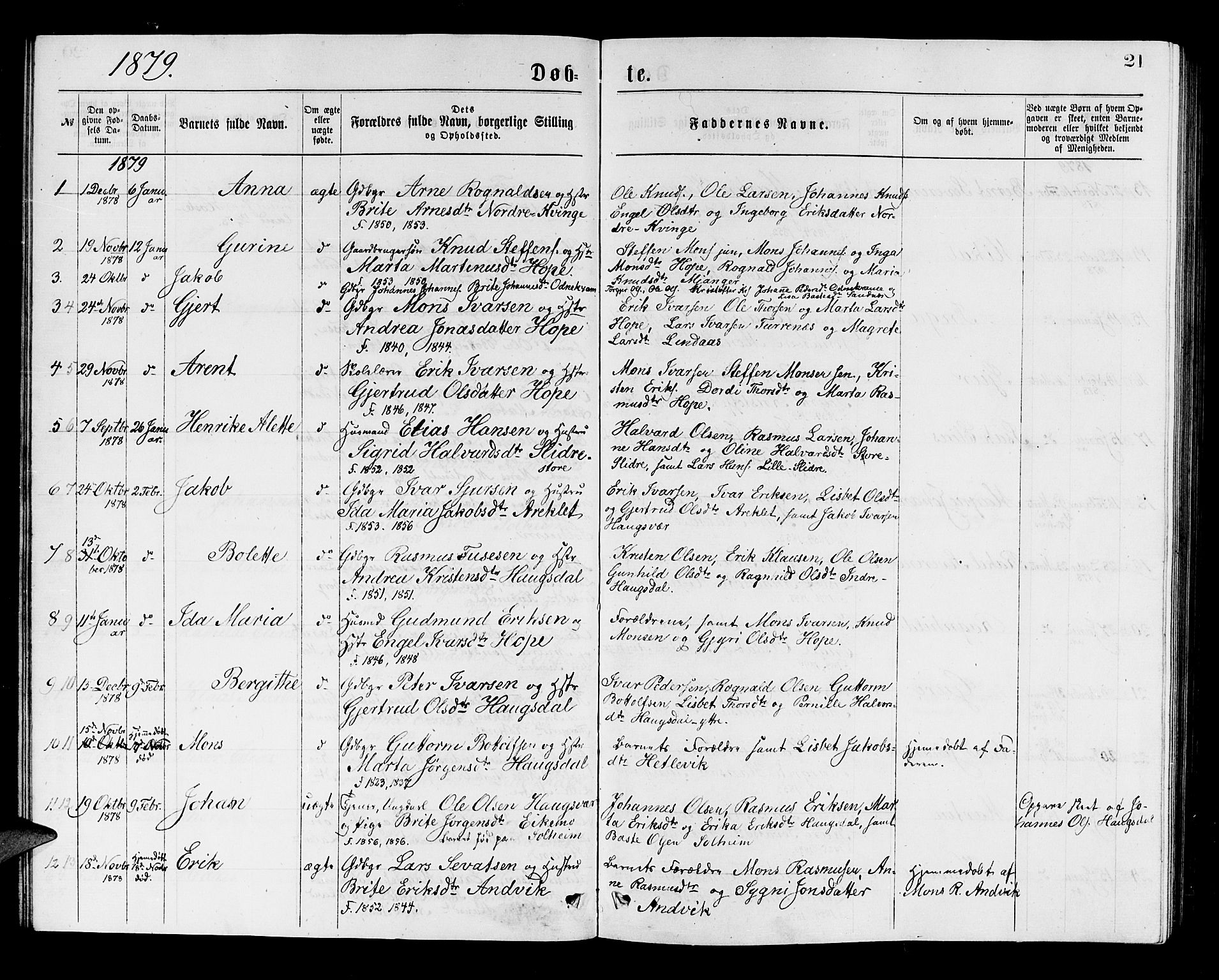 Masfjorden Sokneprestembete, AV/SAB-A-77001: Parish register (copy) no. A 2, 1876-1891, p. 21