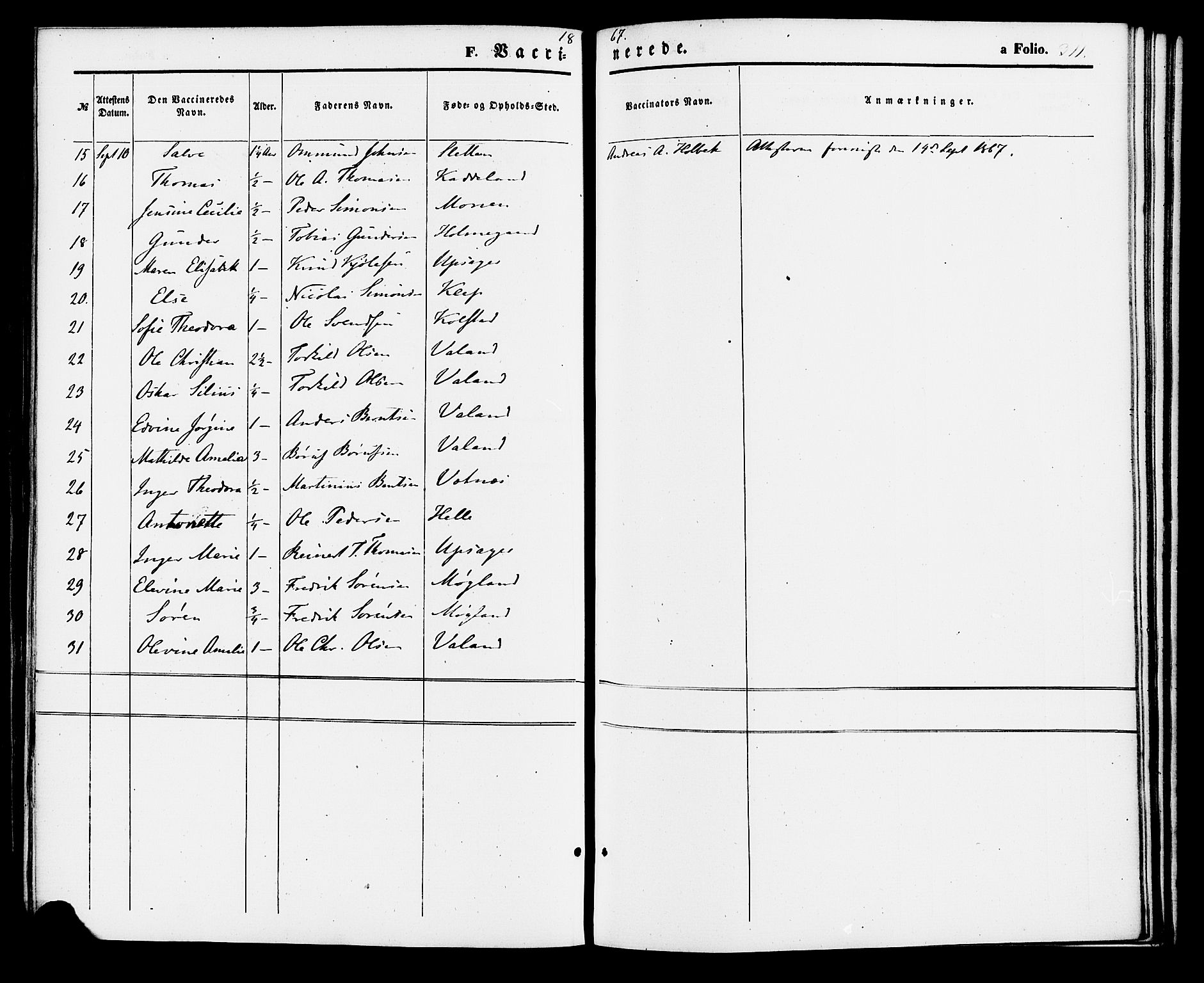 Holum sokneprestkontor, AV/SAK-1111-0022/F/Fa/Faa/L0006: Parish register (official) no. A 6, 1865-1883, p. 311