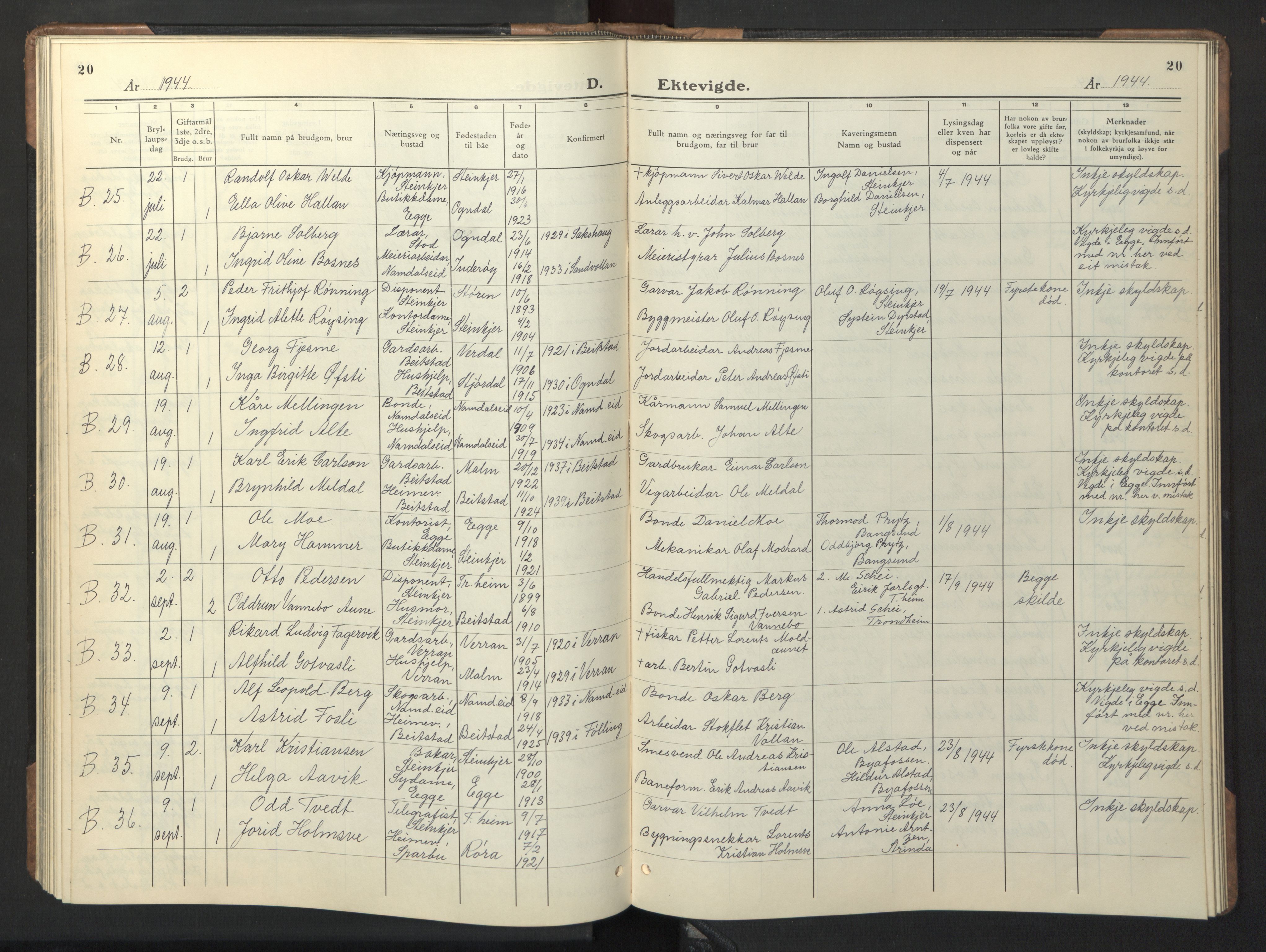 Ministerialprotokoller, klokkerbøker og fødselsregistre - Nord-Trøndelag, AV/SAT-A-1458/739/L0377: Parish register (copy) no. 739C05, 1940-1947, p. 20