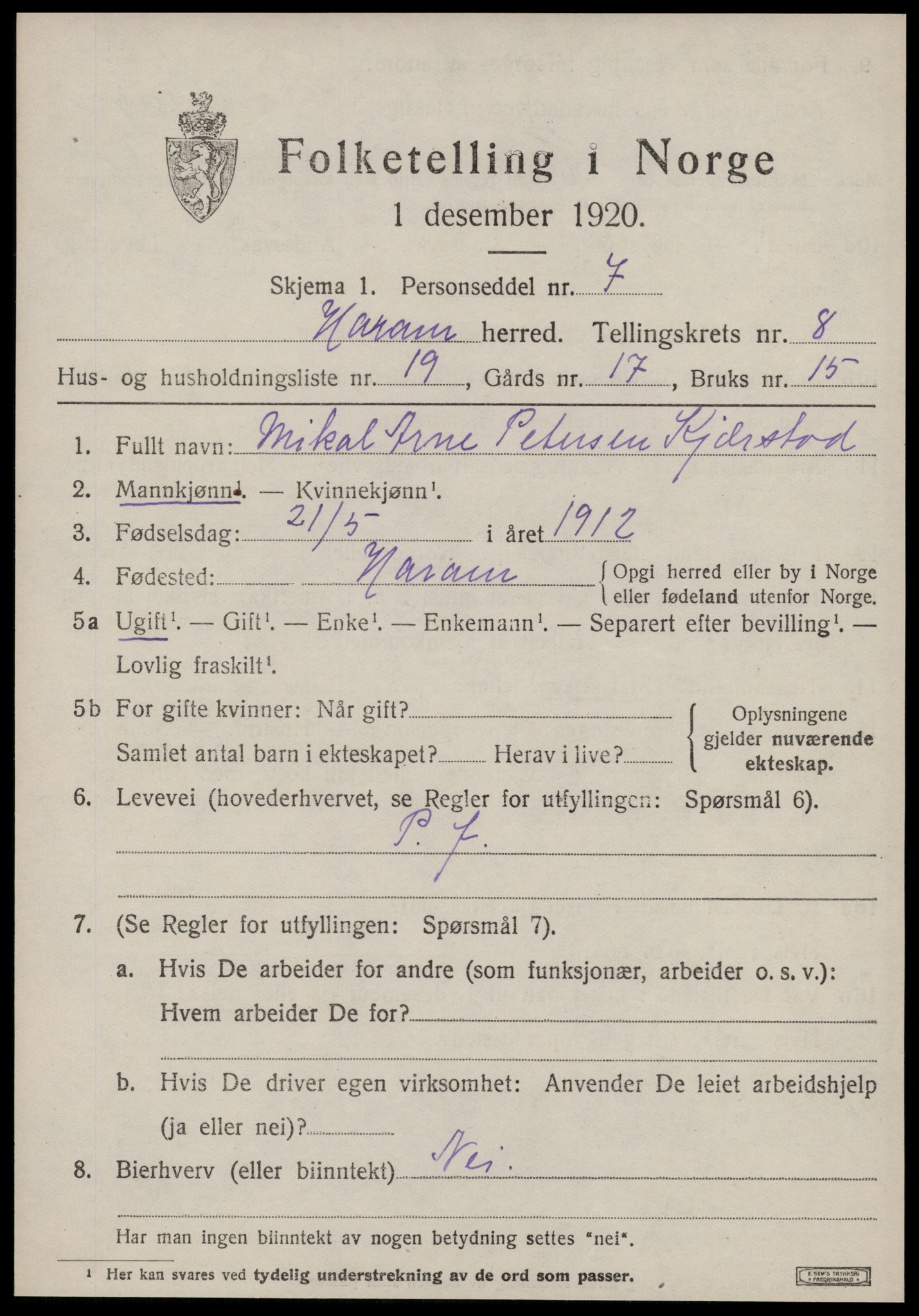 SAT, 1920 census for Haram, 1920, p. 4787