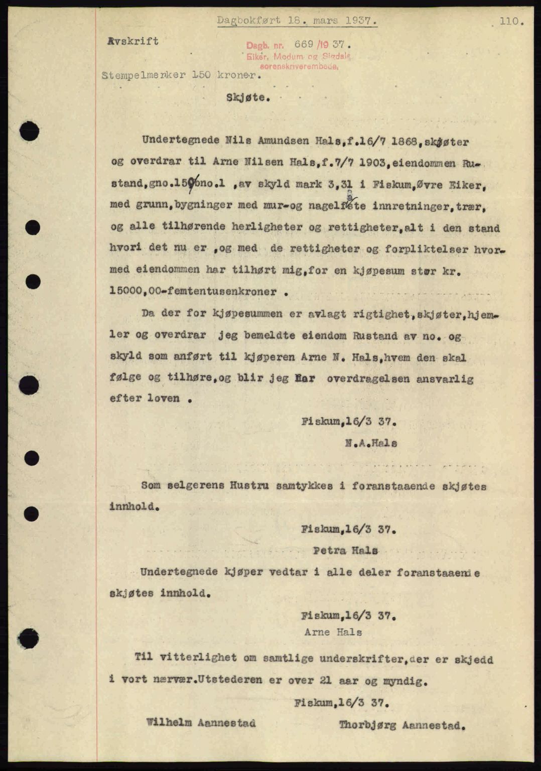 Eiker, Modum og Sigdal sorenskriveri, SAKO/A-123/G/Ga/Gab/L0035: Mortgage book no. A5, 1937-1937, Diary no: : 669/1937